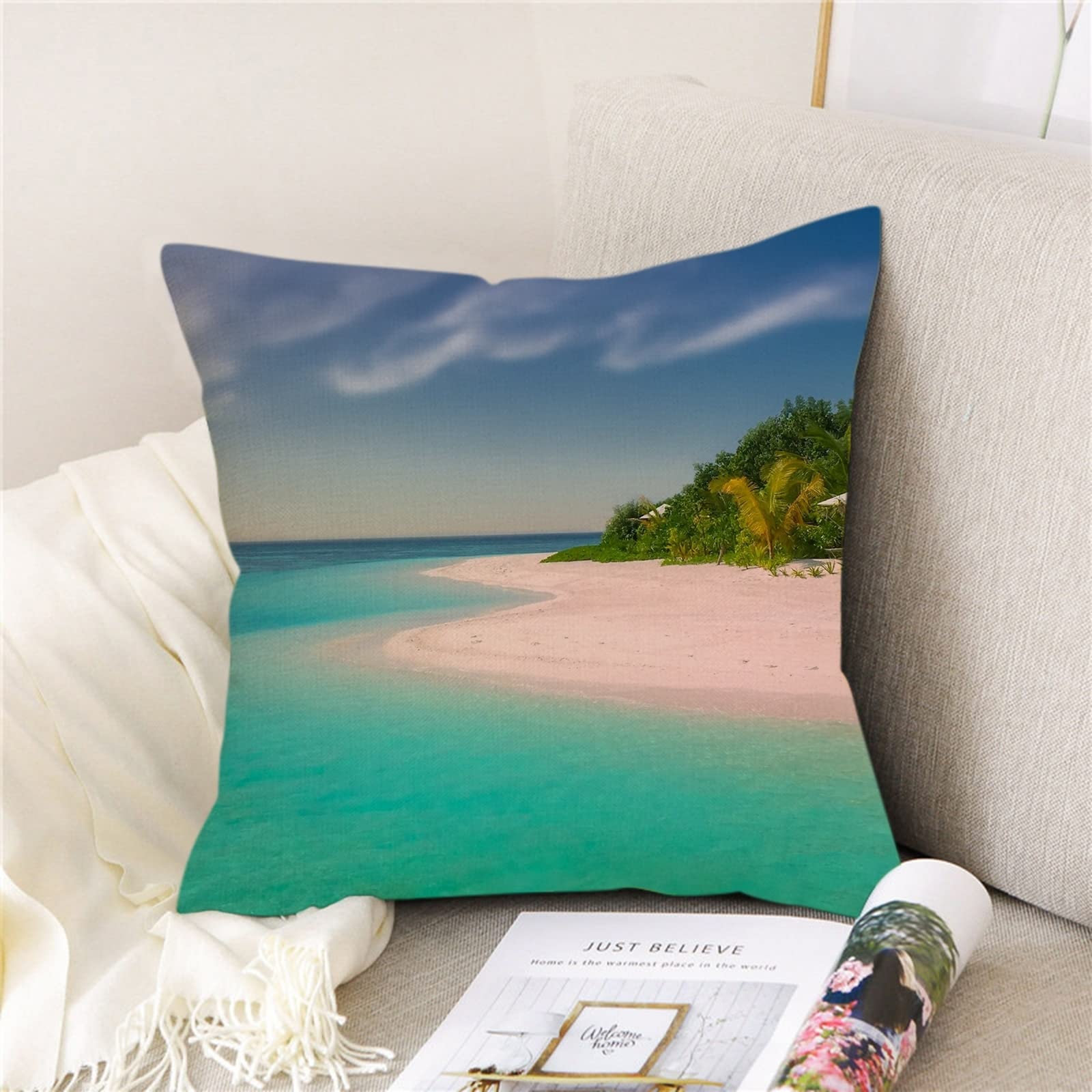 4er Kissenbezug 50x50cm, Kopfkissenbezug Blau Beige Grün Wunderschöner Strand Leinen Kissenbezug Deko Wohnzimmer Schlafzimmer