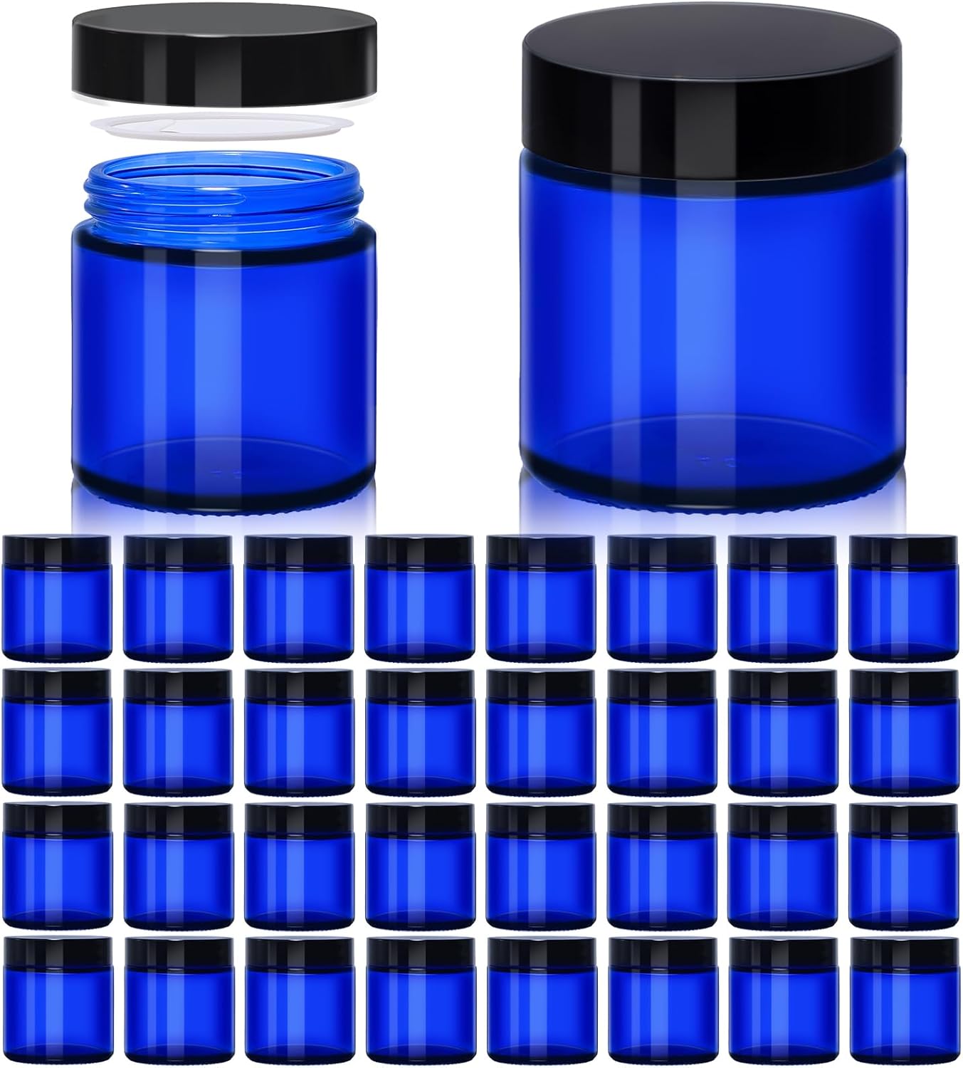 UPBUD 4 oz Blue Glass Jars with Lids - 32 Pack Cosmetic Containers with Inner Liners, Wide-Round Smooth Mouth, Sealable for Creams, Lotions, Essential Oils, Body Butter, Travel Samples