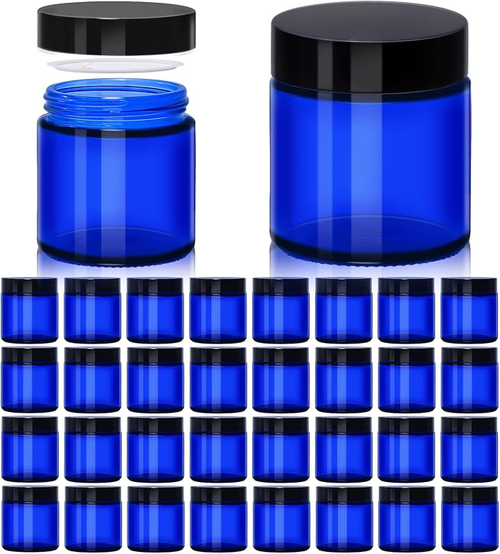 Potes de vidro azul UPBUD com tampas, capacidade de 120 mL, pacote com 32