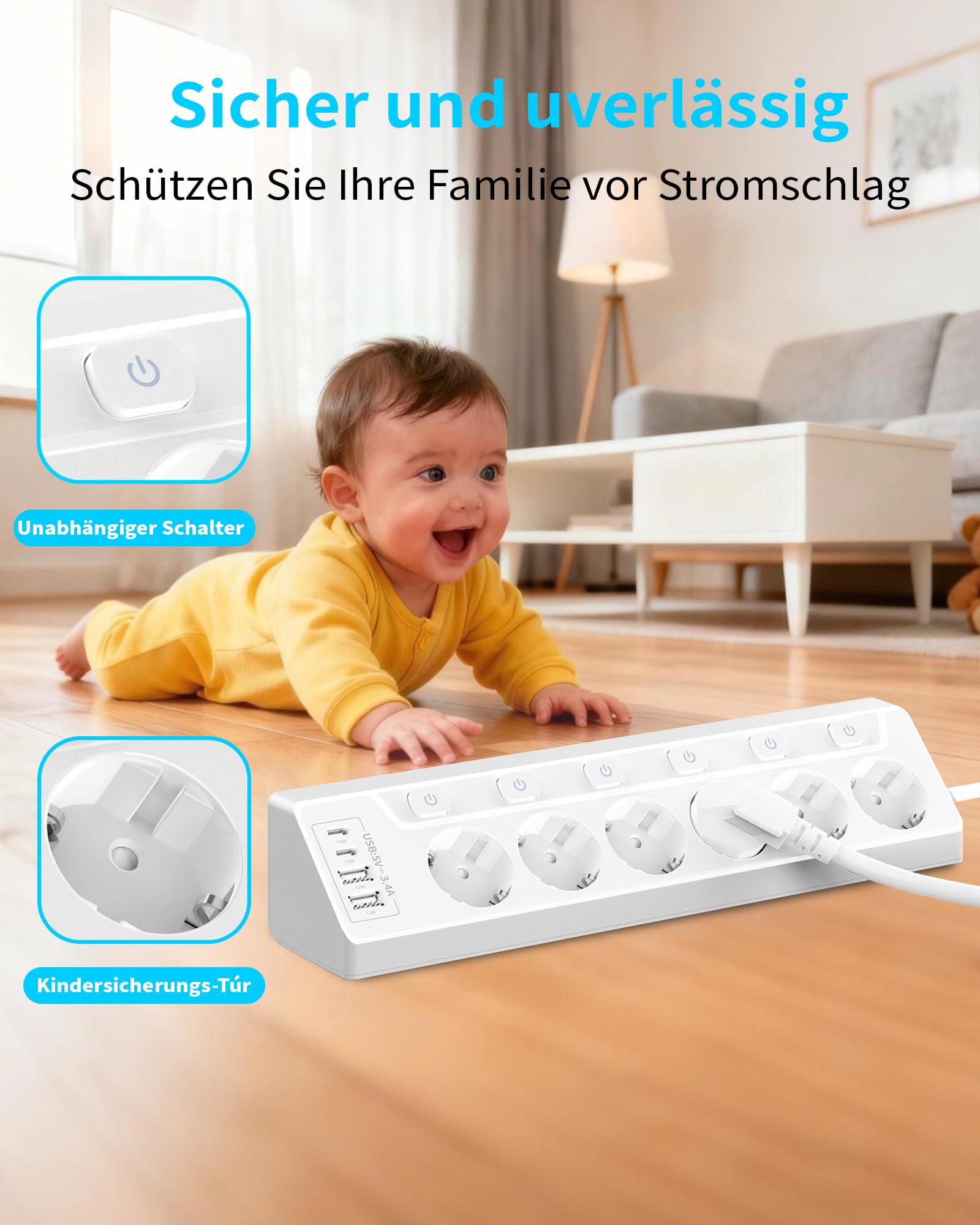 Ciabatta elettrica angolare con protezione da sovratensione, con USB C, 6 prese, presa multipla da tavolo con cavo da 2 m (3680 W, 16 A), montaggio a parete, per cucina, casa, ufficio