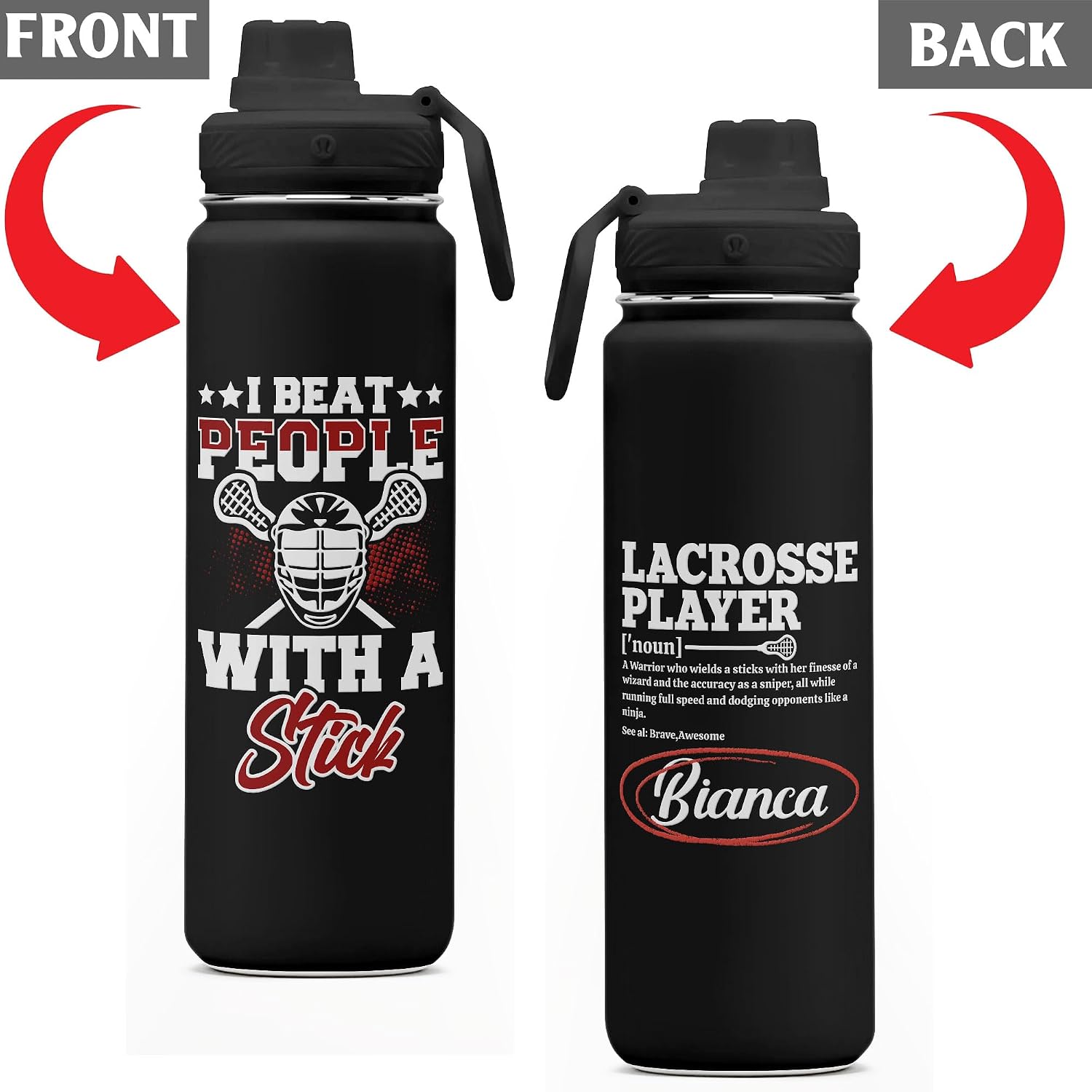 Customized Name I Beat People With Stick Lacrosse Sport Bottle Personalized 24oz Straw Water Bottle Carabiner Sports Team Gear Accessories Present Idea Athlete image 2