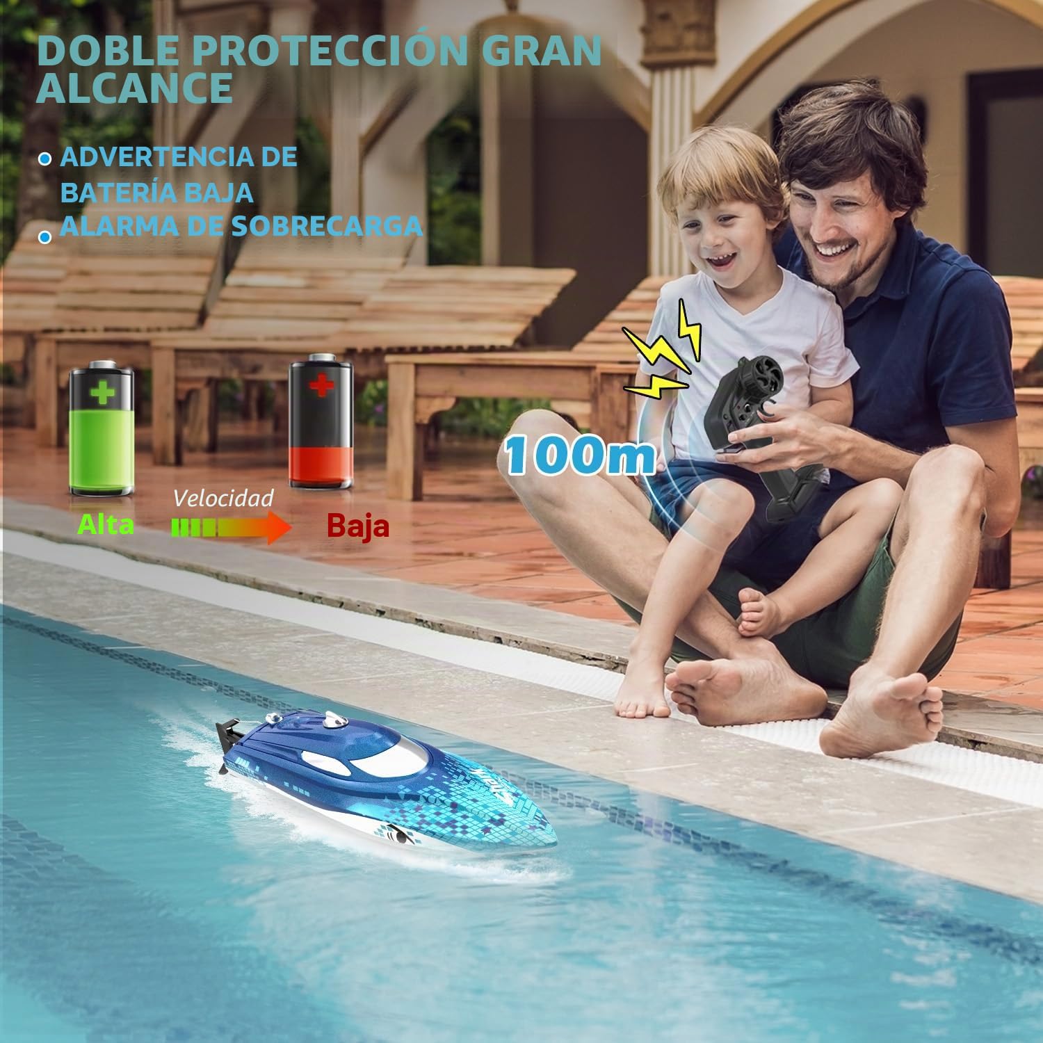 DEERC RC Boat con iluminación LED, barco tiburón teledirigido para piscinas y lagos, más de 20 km/h, barco de carreras de 2,4 GHz, juguete de piscina para niños a partir de 8 años