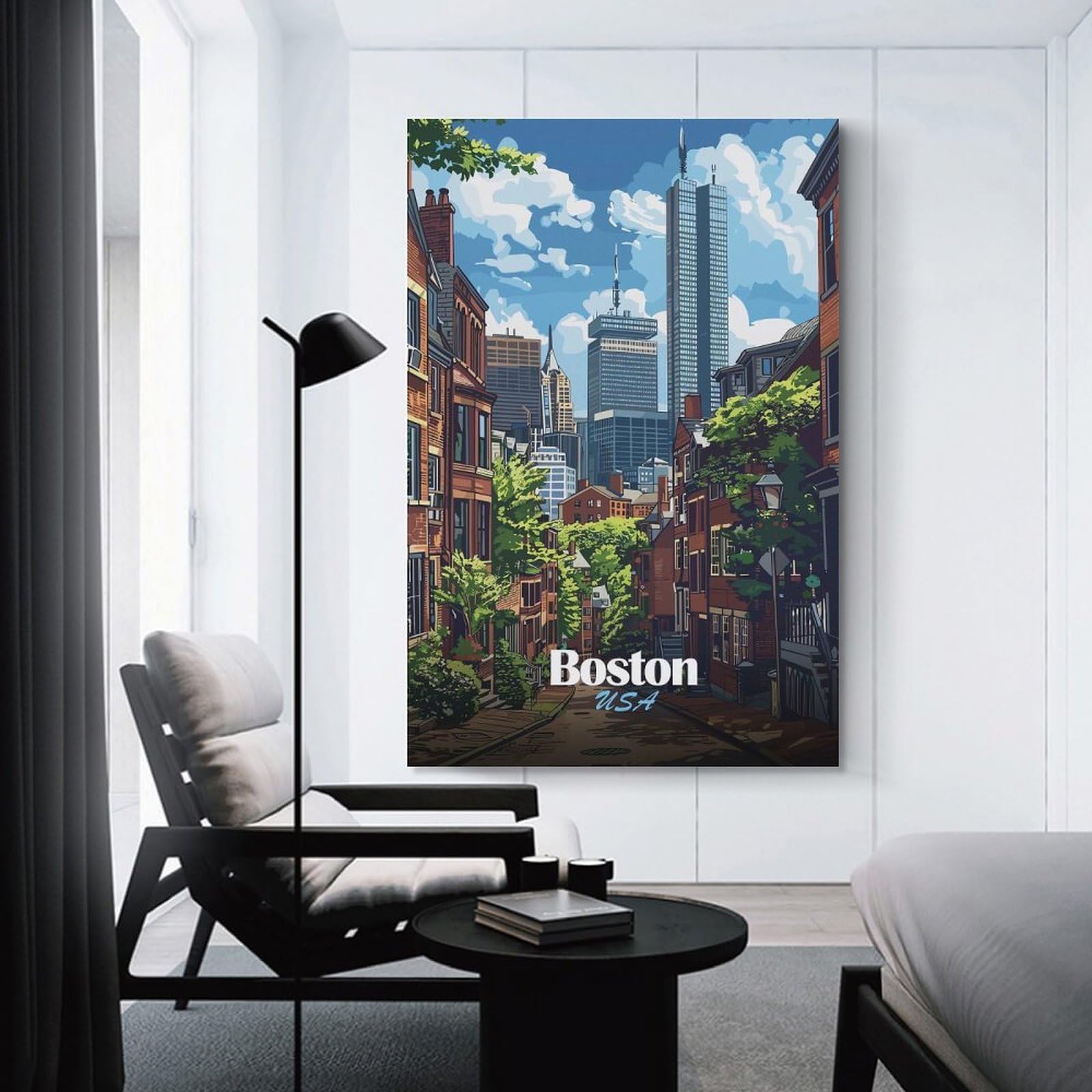 Junmoney Boston USA Cityscape Illustration Hanging Wall Art 16x24inch(40x60cm), for Small Homes, Bedrooms Or Open Spaces, Decorative Canvas Decor for Home Updates