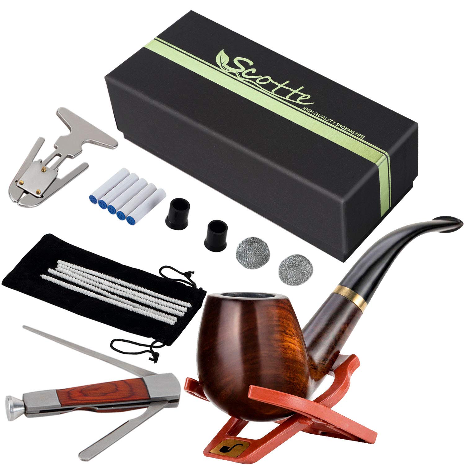 Scotte Tobacco Pipe Handmade Ebony Wood Root Smoking Pipe Gift Box and