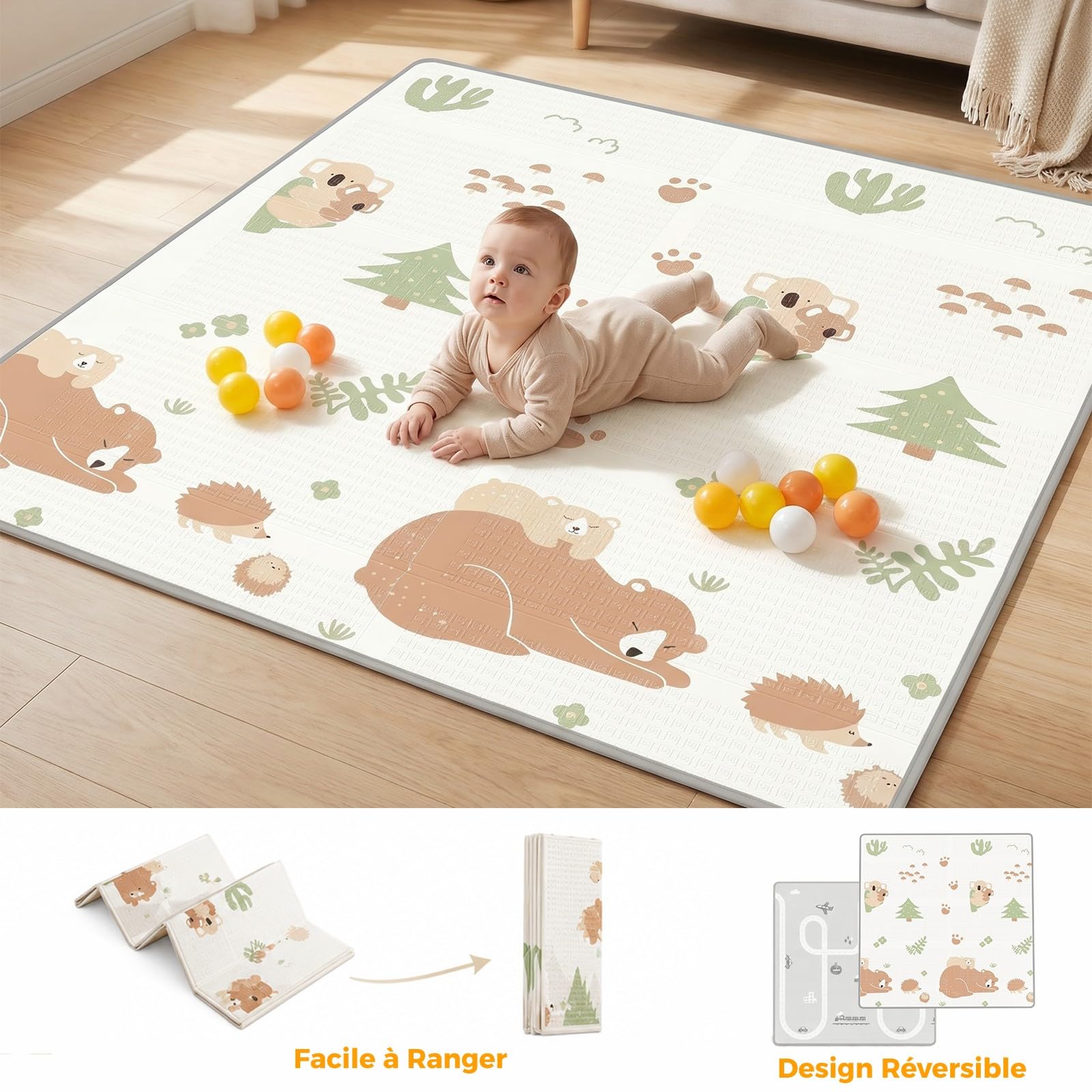 Beige Parc Bebe avec Tapis - 150x150cm Parc Enfant Sécurisé | Aire de jeu carrée tissu Oxford, Filet respirant 360°, Structure stable, Ventouses puissantes, 4 anneaux