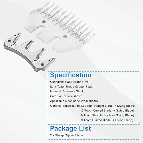 Miniatura 3 de Walfront Cuchilla de repuesto para cortadora de ovejas, hoja recta de 13 dientes y hoja oscilante, cuchillas de acero inoxidable para cabras