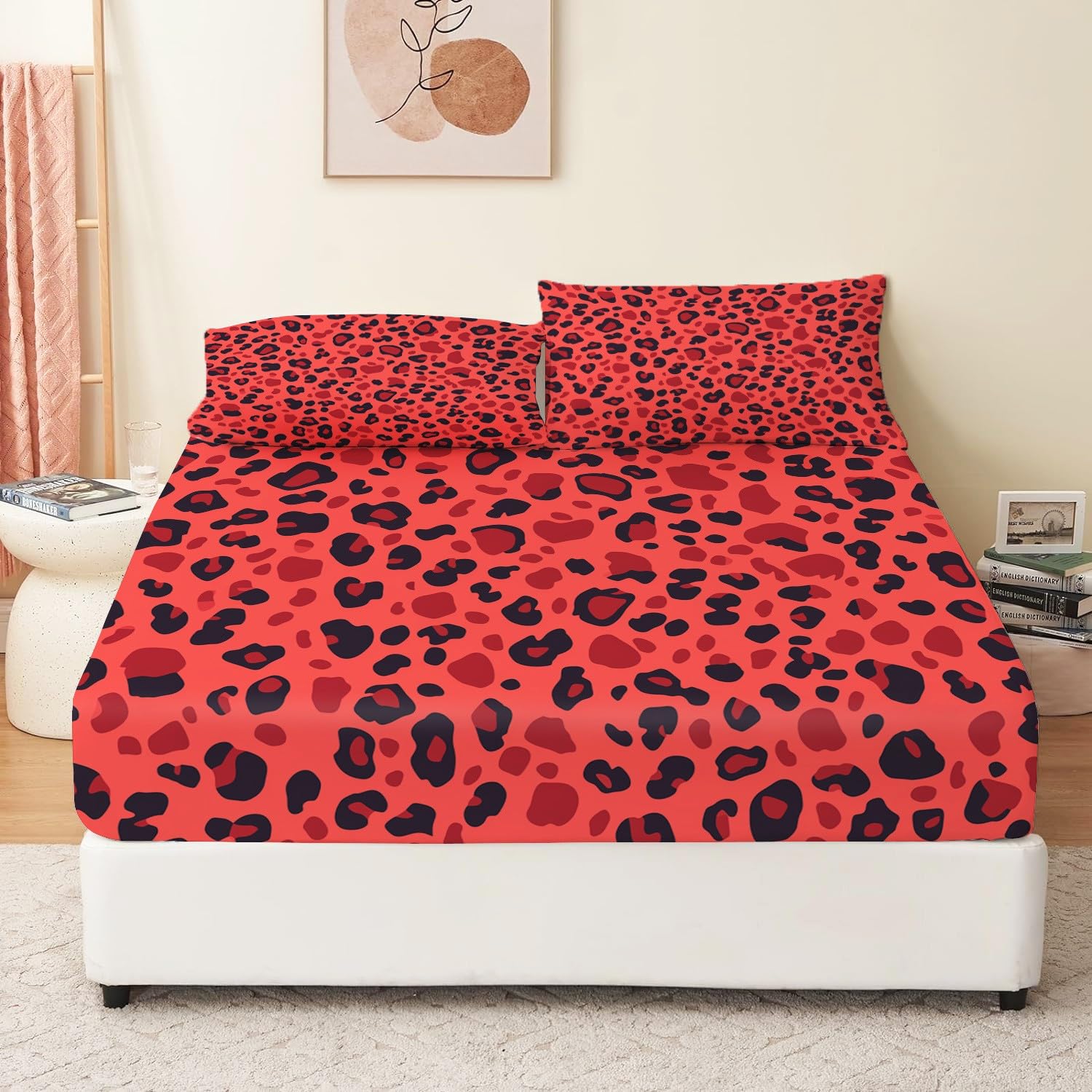 Lenzuolo con angoli profondi stampato con bellissimo motivo leopardato, 3 pezzi, con 2 federe, lenzuola in tessuto rosso in microfibra spazzolato extra morbido, 160 x 200 + 30 cm