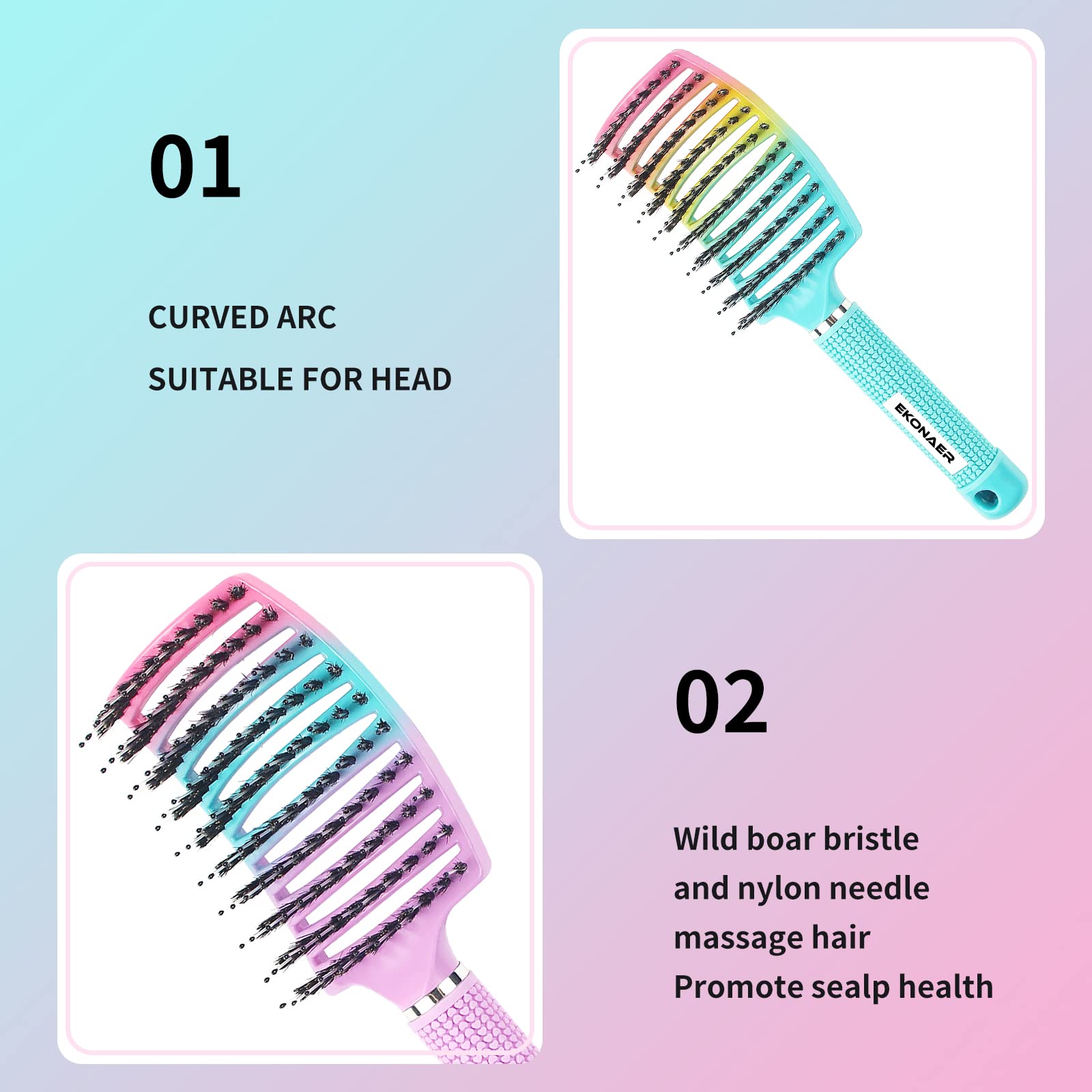 Paquete de 2 cepillos para desenredar nudos sin dolor, añade brillo y hace que el cabello sea suave, cepillo de cerdas de jabalí desenredante para adultos y niños, cabello húmedo o seco (verde y rosa)