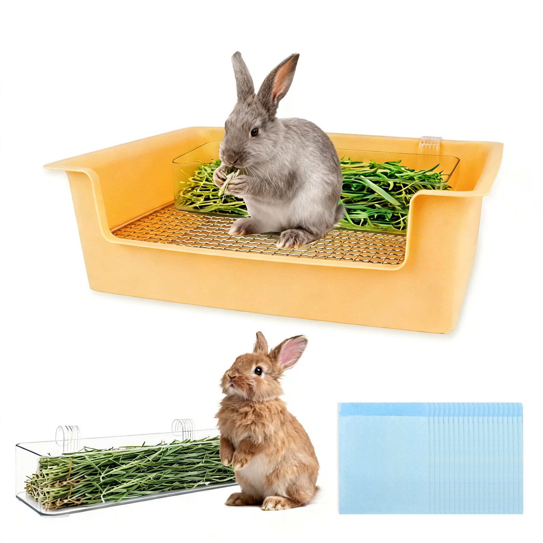 Stainless Steel Gird Rabbit Litter Box, Bunny Litter Pan with Hay Feeder & 20Pcs Disposable Pee Pads, Corner Potty Tray for Small Animals Rabbits Guinea Pigs Ferrets (15.4x11.2x4.8 inch)