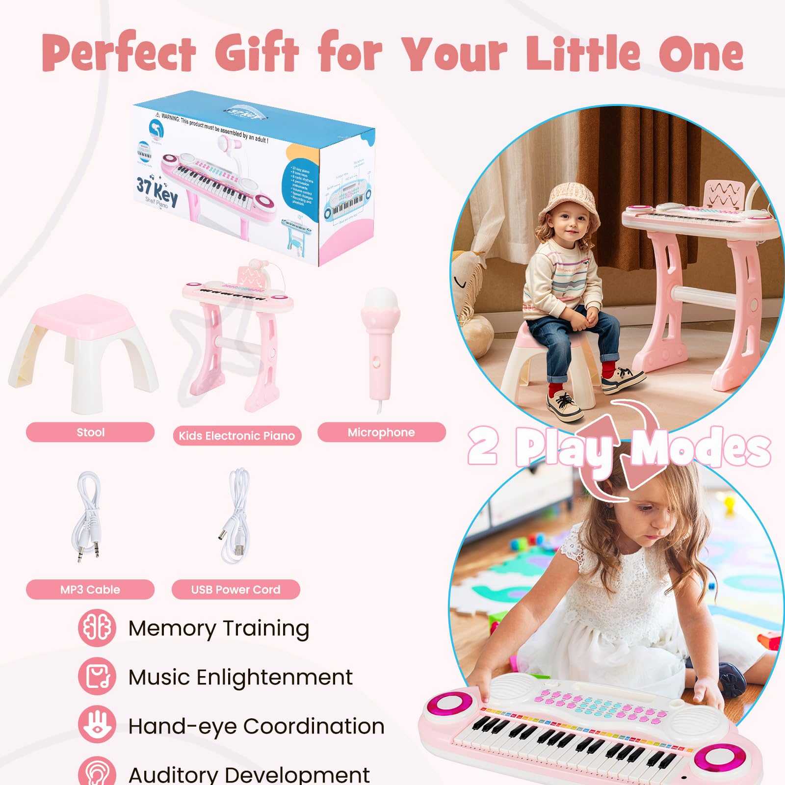 KOMFOTTEU Pianoforte per Bambini con 37 Tasti, Pianola per Bambina con Effetti Luminosi e Microfono Regolabile, Tastiera Musicale Bambini con Sgabello, 8 Ritmi/Suoni per Bambini 3+ Anni (Rosa)