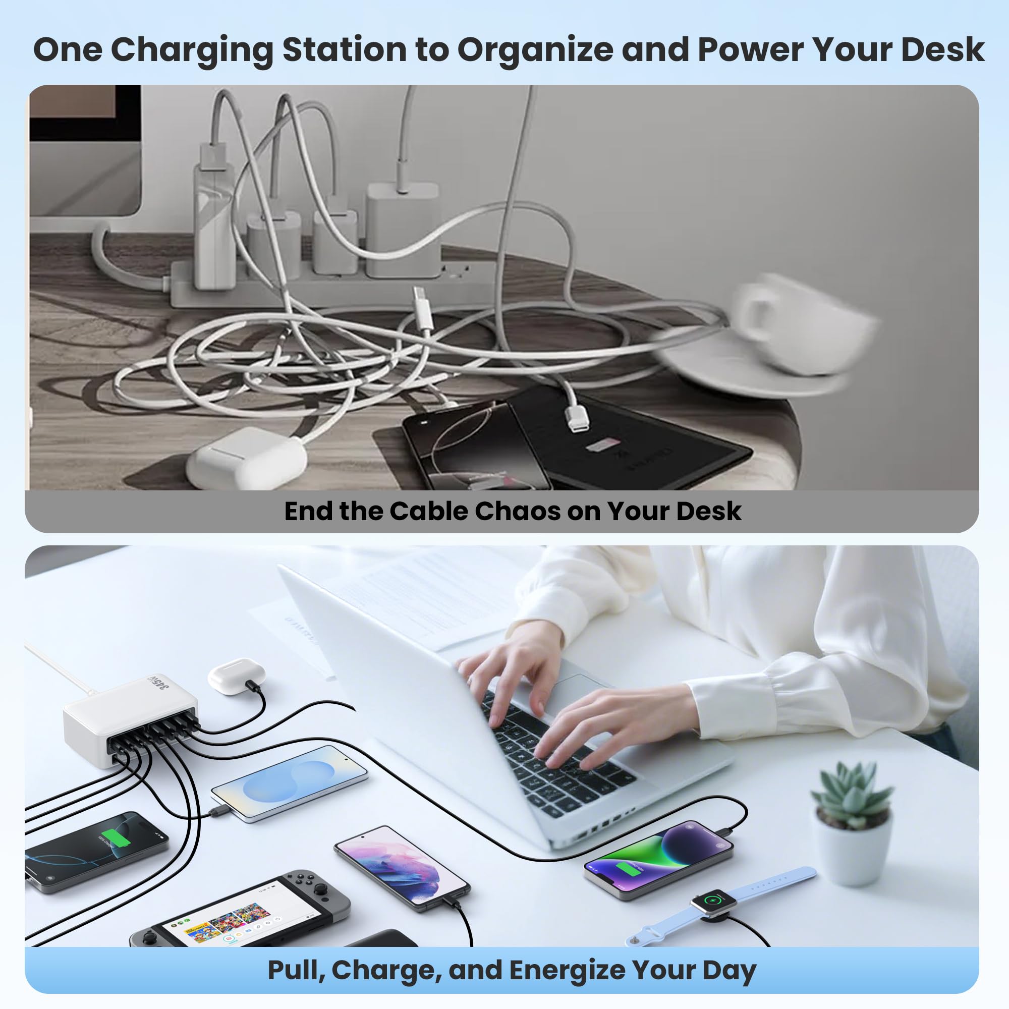345W Cargador USB C Multiple con Cable Retráctil, 10-en-1 GAN Vi Cargador Carga Rápida PD/PPS/QC Enchufes USB C Alimentador Universal USB C Charger para MacBook Pro/Air, iPhone, Sam Sung (Blanco)