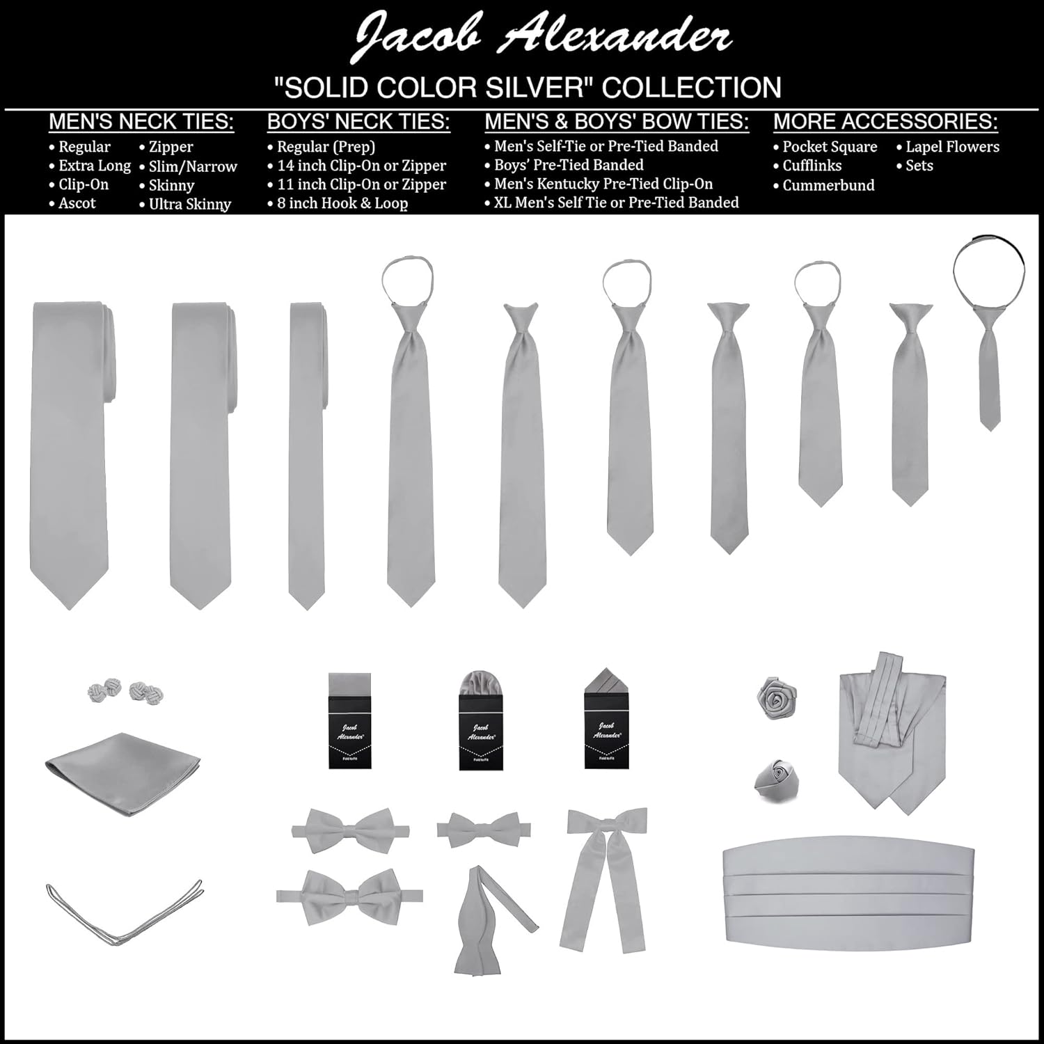 Jacob Alexander Men's Self Tie Freestyle Solid Color Bowtie Silver