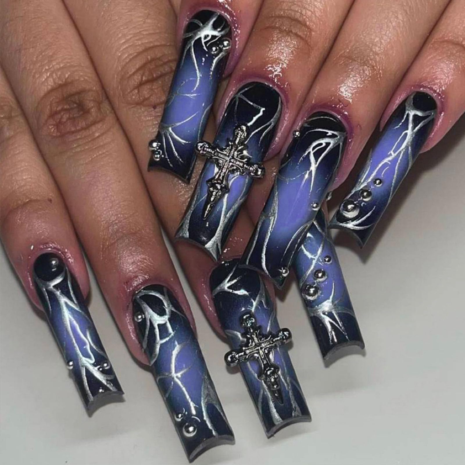 IMSOHOTPress on Nails Long Square Fake Nails Black Blue Ombre False Nail Glossy Acrylic False Nails with Cross Charms Designs Full Cover Glue on Nails Silver Flame Y2K Nails for Women and Girls