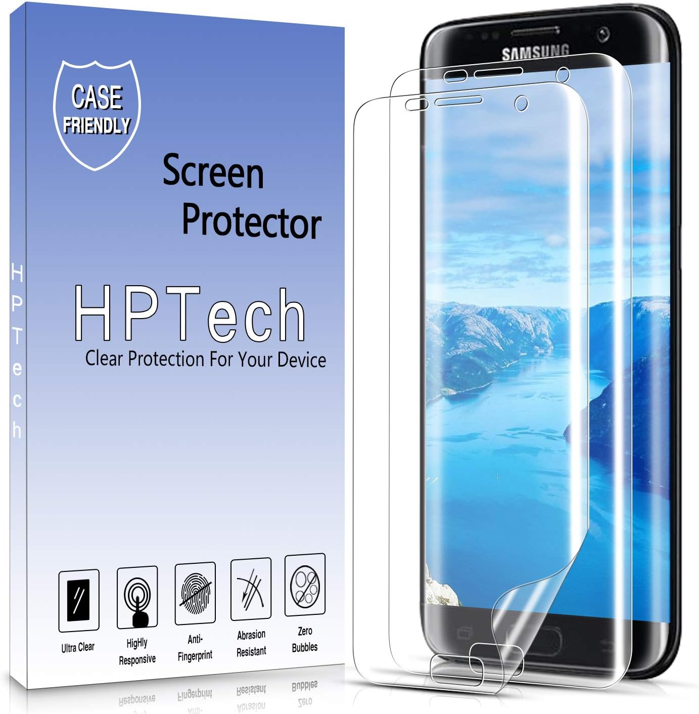 HPTech 2-Pack Screen Protector For Samsung Galaxy S7 Edge Full Coverage PET Film, HD Clear, Bubble Free, Case Friendly