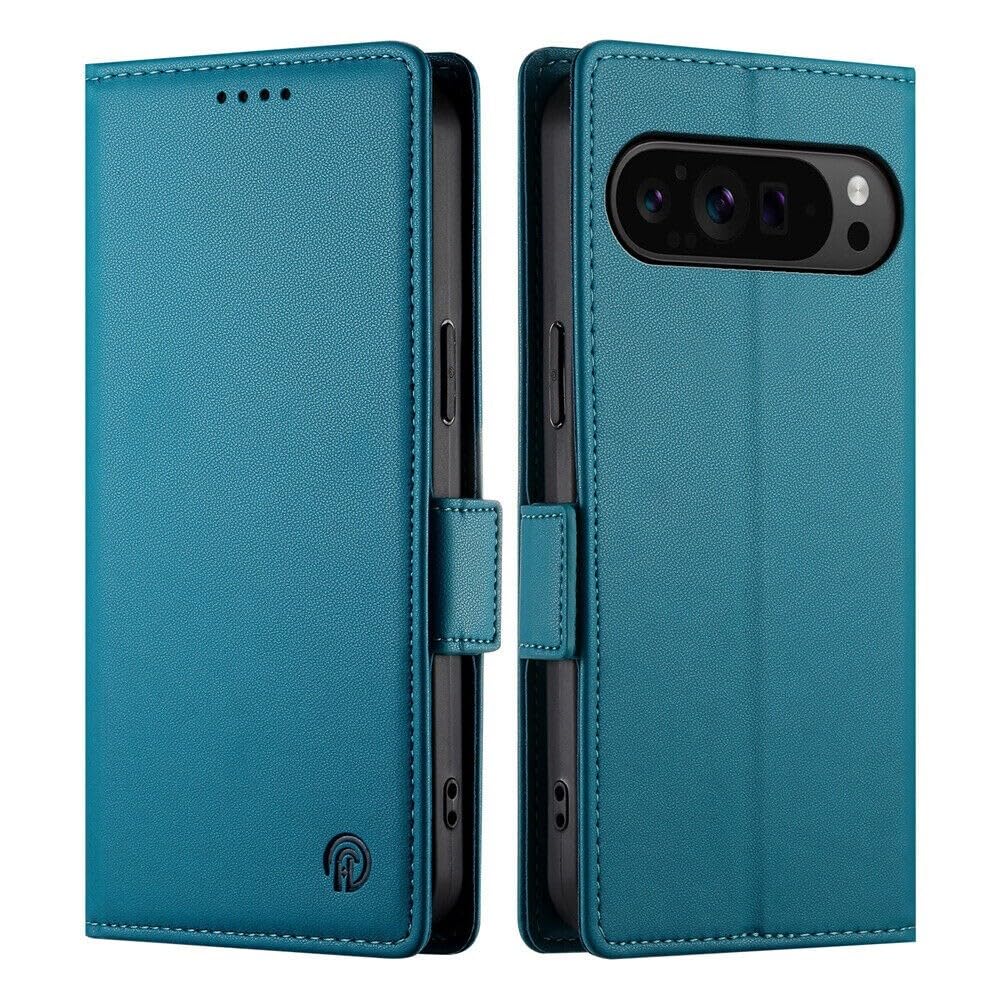Étui Pixel 9 Pro XL bleu portefeuille cuir anti-choc protégeant l'écran des rayures