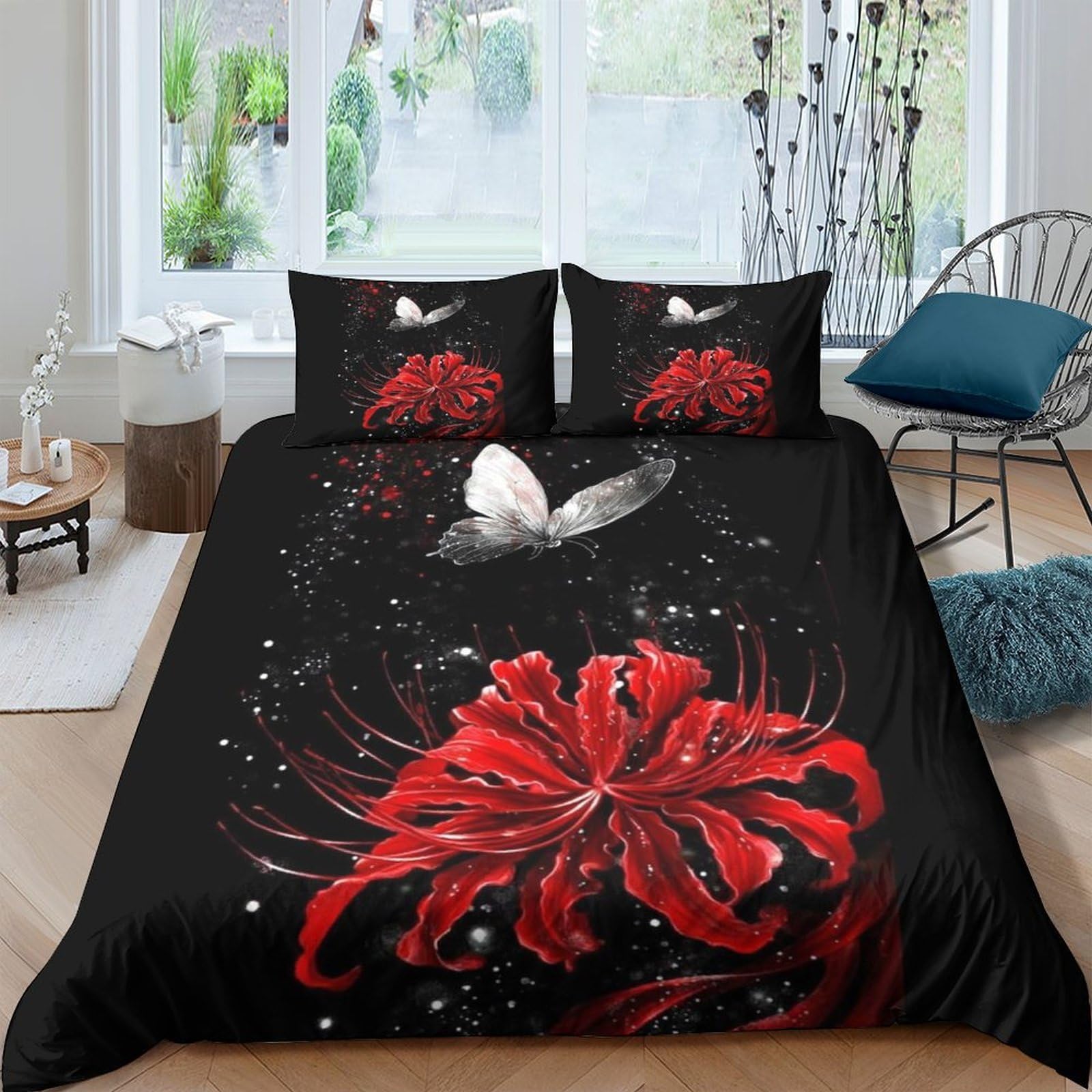 P5V6M1Q9 3D Printed Red Spider Lily Duvet Cover Microfiber Soft Black Butterfly Bedding Set with 2 Pillowcases for Bedroom Decor Single（135x200cm）