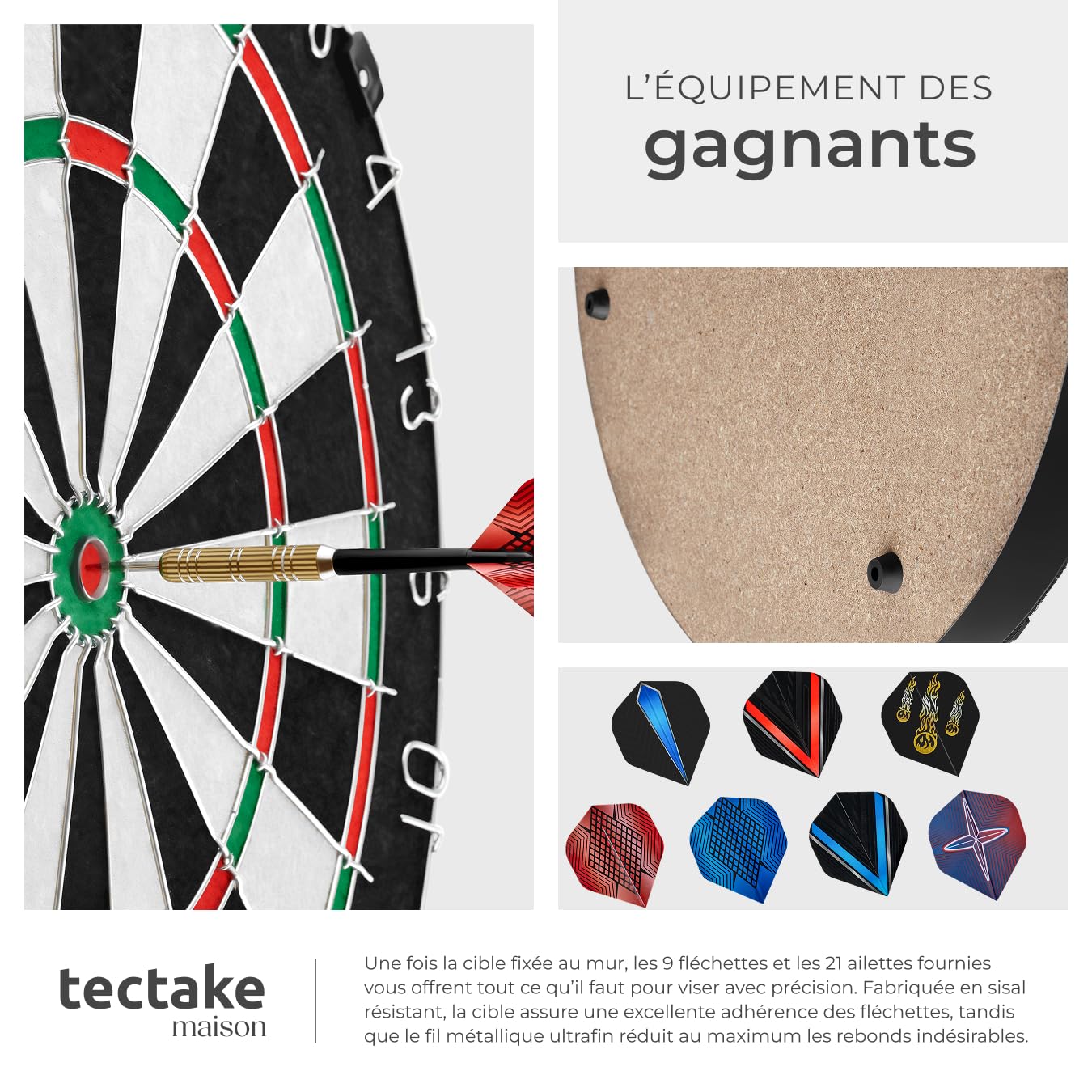 tectake® Jeu de fléchettes standard, Cible flechette en sisal, 9 fléchettes Pointe métal, 21 ailettes, 16 protège ailettes, Taille fléchette, Matériel de montage, Ligne de départ, Jeu de flechette Pro