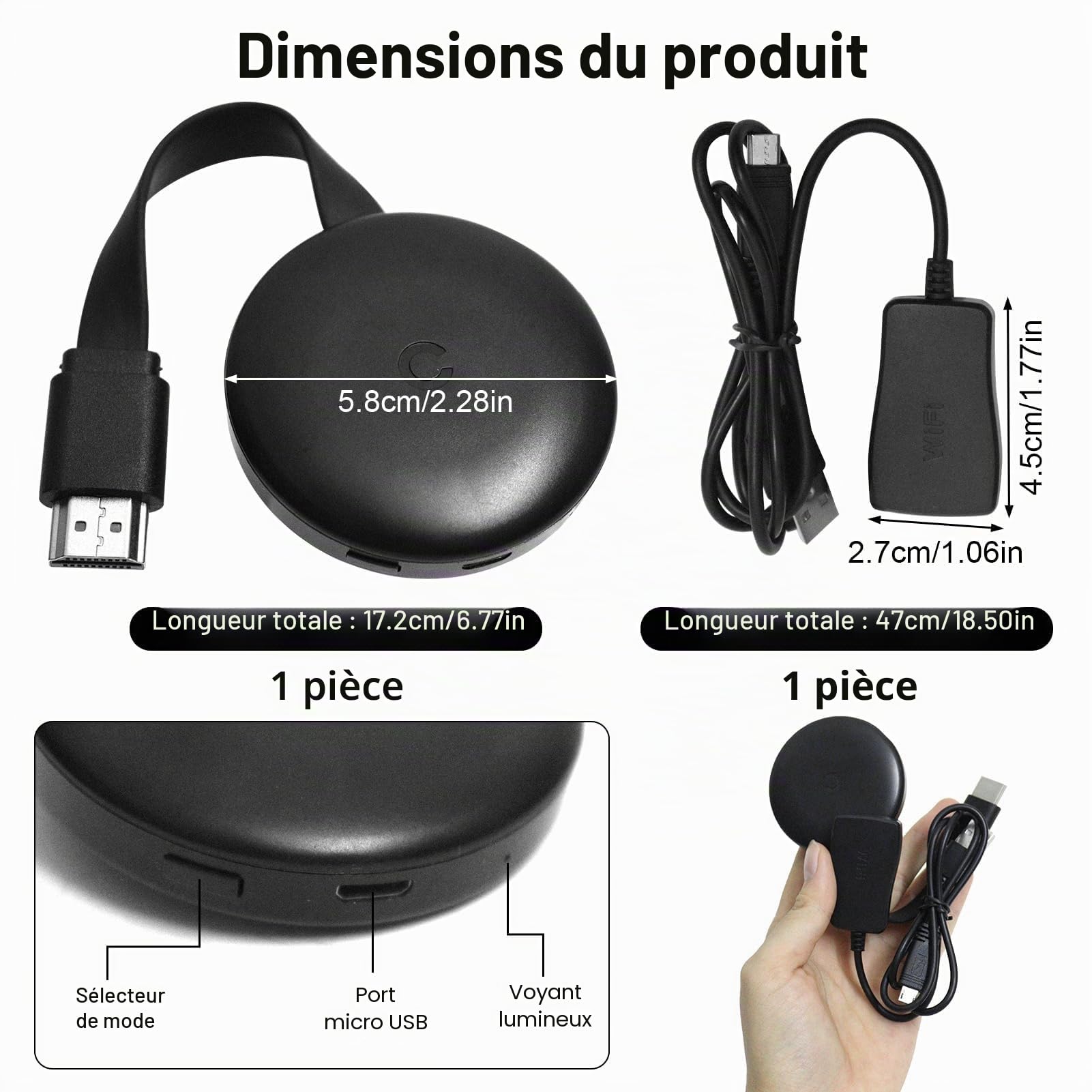 Dongle HDMI sans fil, 1080p, adaptateur d'affichage sans fil HDMI, clé Bluetooth pour ChromecasttMiracast/Airplay/iOS/Android/Mac/Windows/PC Moniteur TV Stick Screen Mirroring