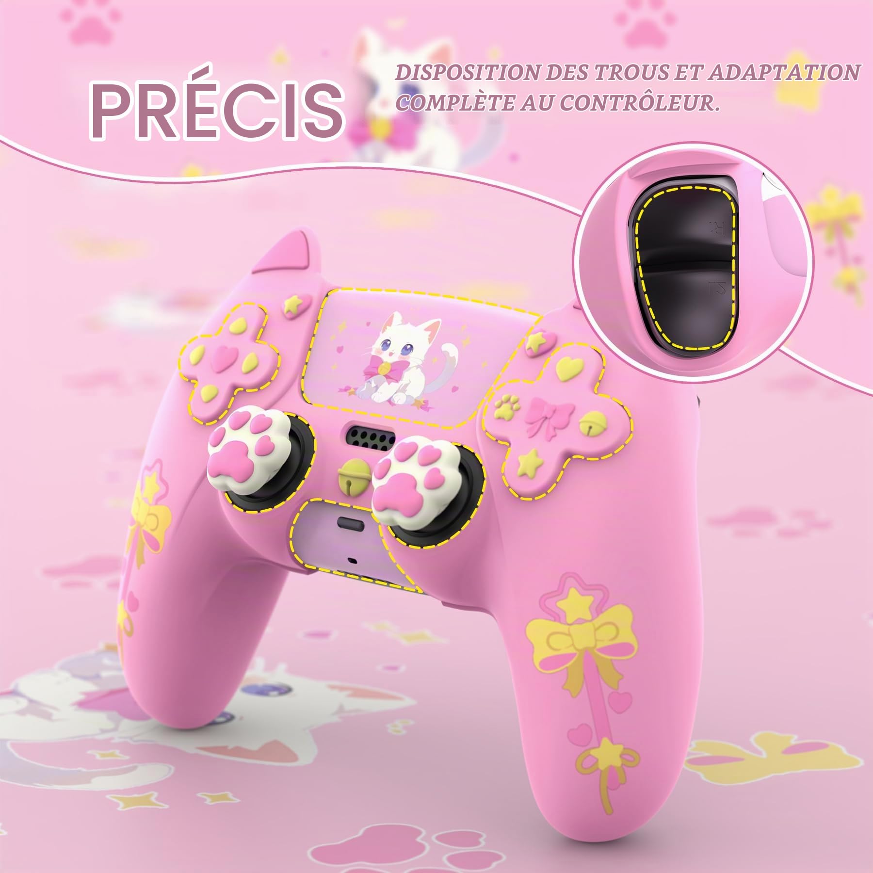 PlayVital Coque Manette pour ps5 Compatible avec Station de Charge avec 6 Capuchons Joystick & Autocollants,Houss de Protection Silicone Antidérapant-Rose,Design Sweetheart Kitty