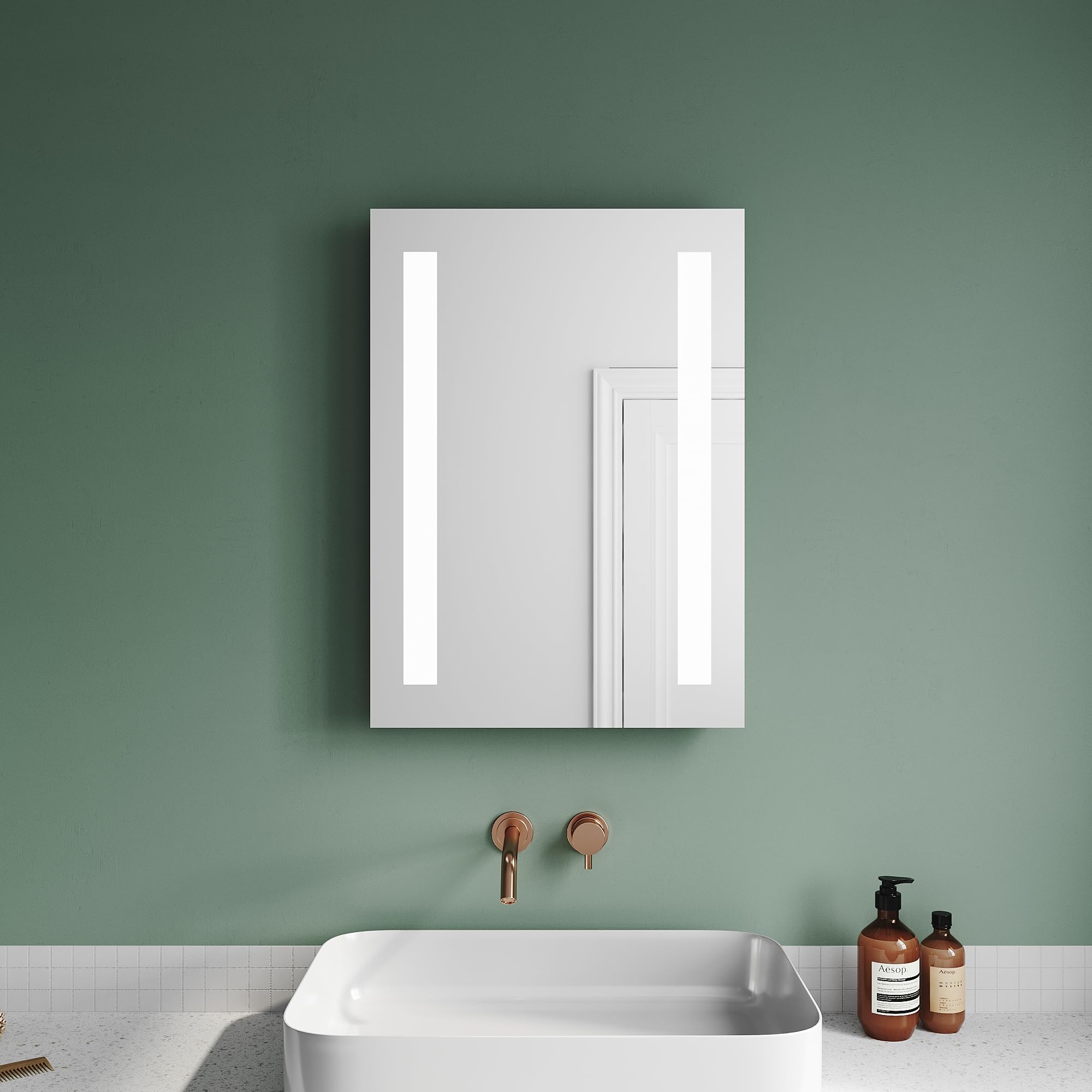 SUNXURY Espejo de baño LED de 45 x 60 cm, espejo de baño con iluminación, 6400 K, luz blanca fría, espejo de baño con iluminación vertical, montaje en pared, espejo de maquillaje, IP44