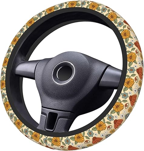 Miniatura 4 de Funda de volante vintage floral hippie de los 70, diseño de hongo retro, cubierta de volante de neopreno antideslizante para mujeres, hombres y