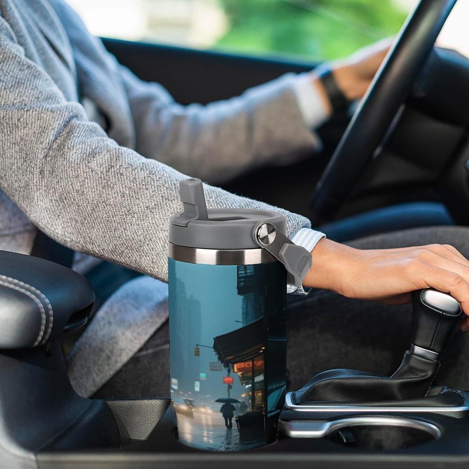 30 Oz Insulated Mug with Handle Lid And Straw City Streets in Heavy Rain Pattern Large Metal Sports Bottle Great for Gifts Parties Office Coffee