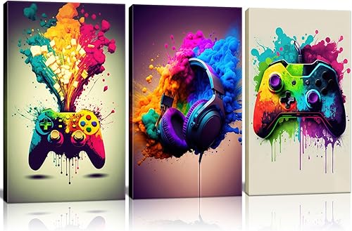 Framed 3 Piece Game Room Decorative Wall Art Color Video Game Handle Earphone Graffiti Theme Poster Neon Light Poster Print Picture Children Youth