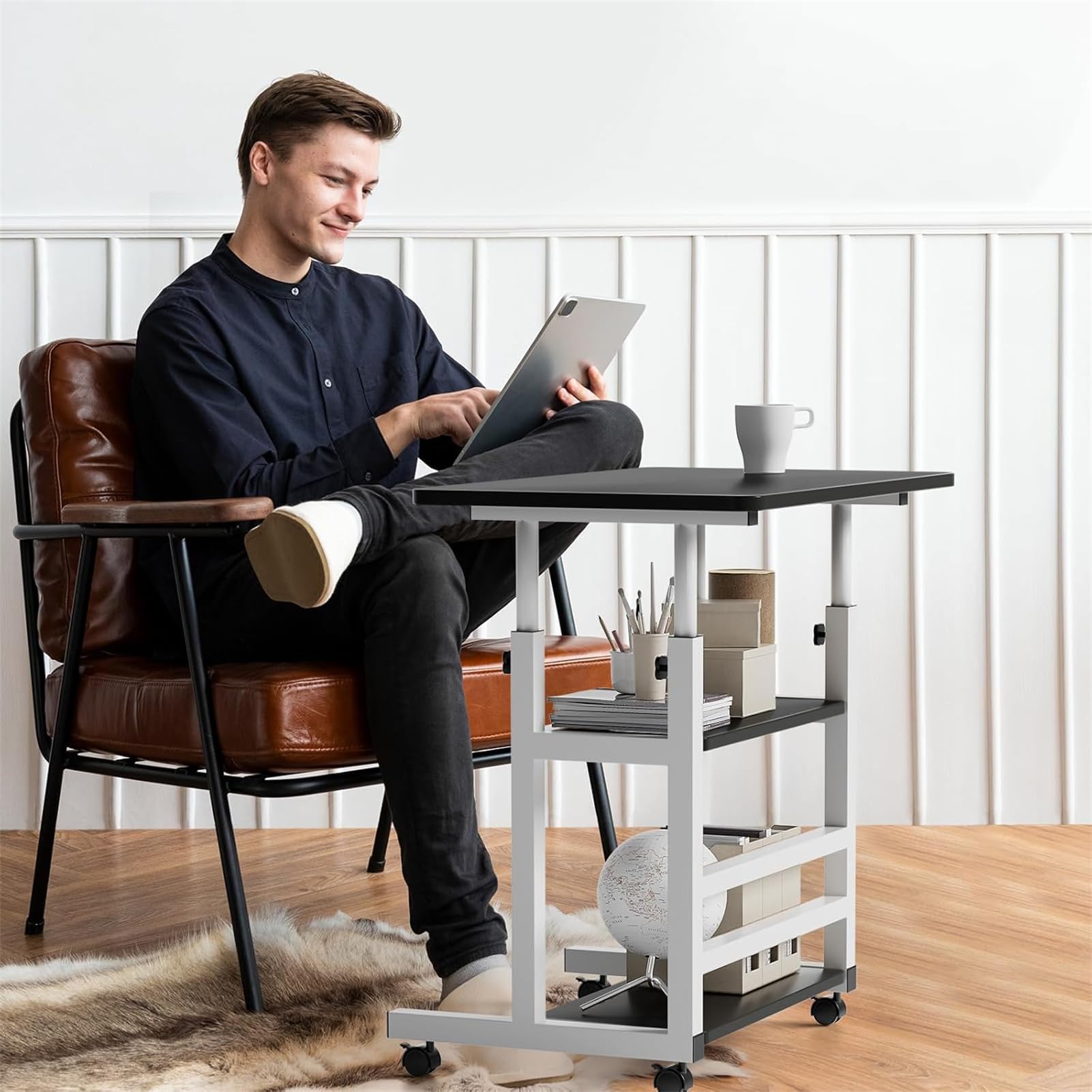 Warmiehomy Höhenverstellbarer Schreibtisch Platzsparender Laptoptisch 60x40cm Computertisch mit Rollen Schreibtisch Schwarz mit Regal Mobiler Beistelltisch PC Tisch für Home Office,Bett,Sofa,Schwarz
