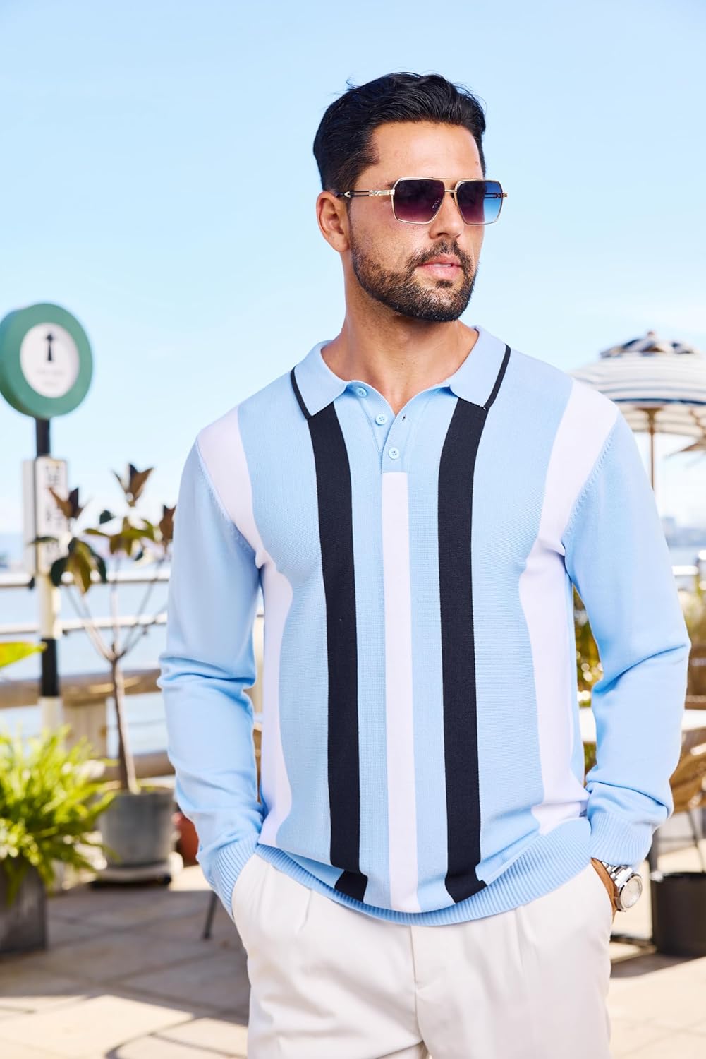 Ryehack Mens Casual Polo Shirts Knit Long Sleeve Vintage Striped Button T-Shirt Slim Fit Golf Vacation Shirt - Image 3