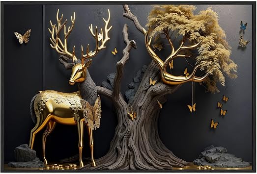 EUROTEX Golden Deer Canvas Painting Roll Vastu Wall Art for South East Living Room & Home Decor Unframed