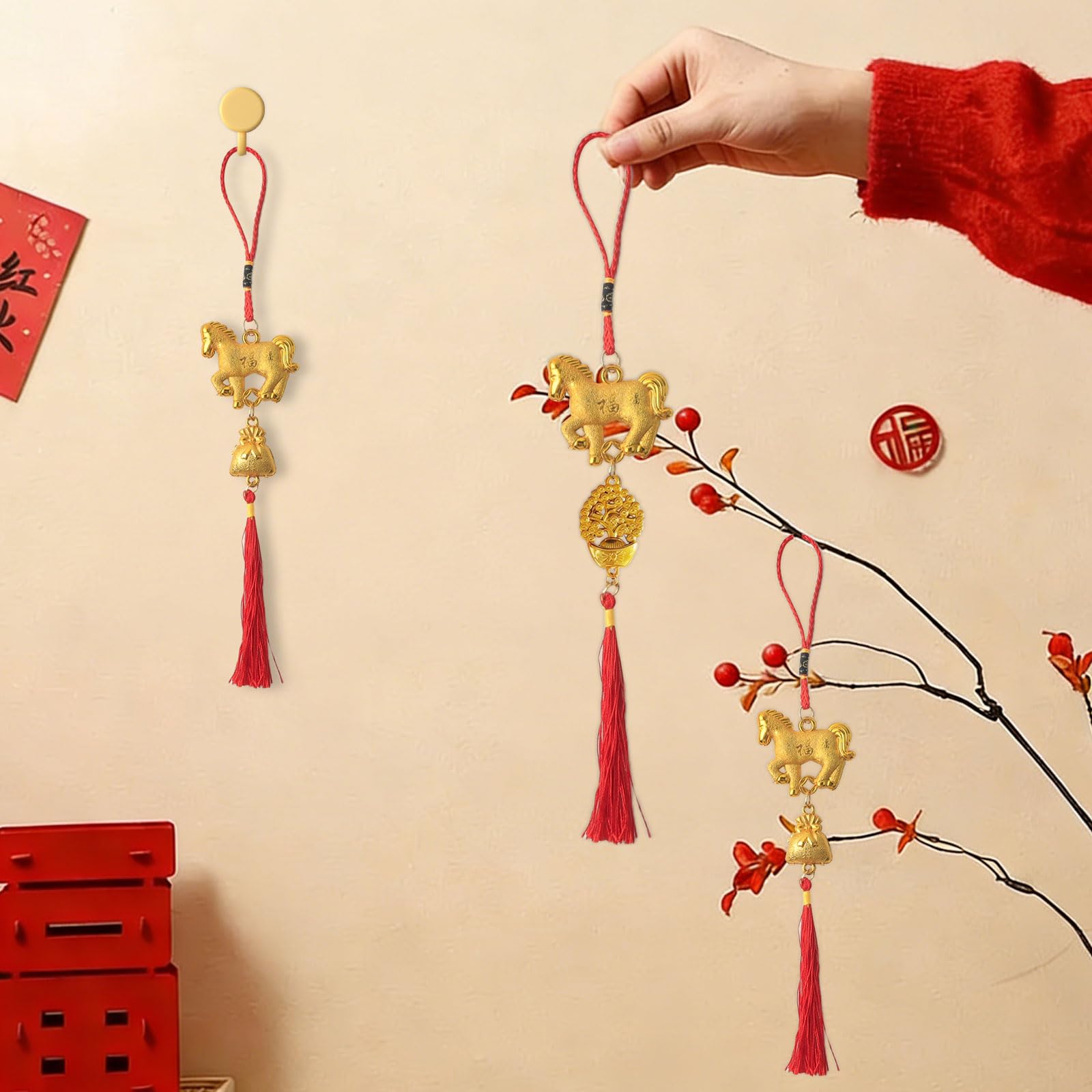 12 sztuk zawieszek z rokiem konia, Feng Shui, chińskie dekoracje noworoczne z chińskimi węzłami i frędzlami, na wiosnę, festiwal, księżyc, Nowy Rok, dekoracja samochodu (złoto-czerwone)
