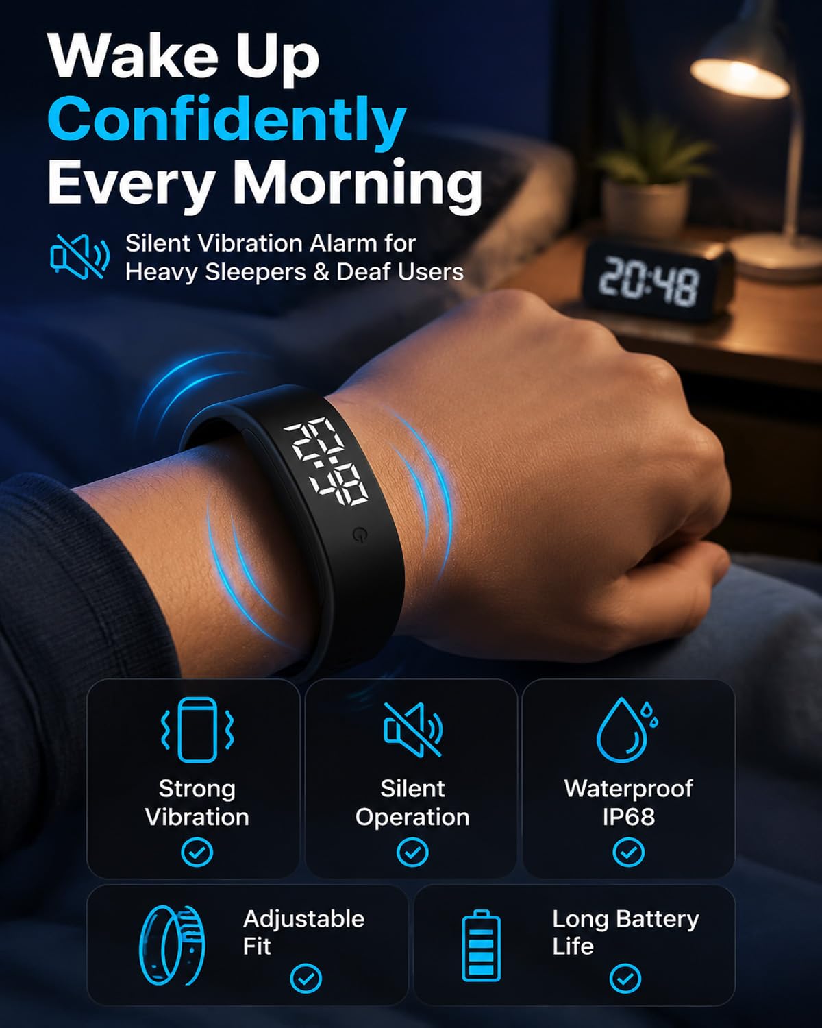 Vibrationsalarm-Armbanduhr für schwere Schläfer, passend für Gehörlose Menschen, tragbarer Vibrations-Handgelenk-Alarm, wasserdicht, leiser Alarm, für Damen und Herren