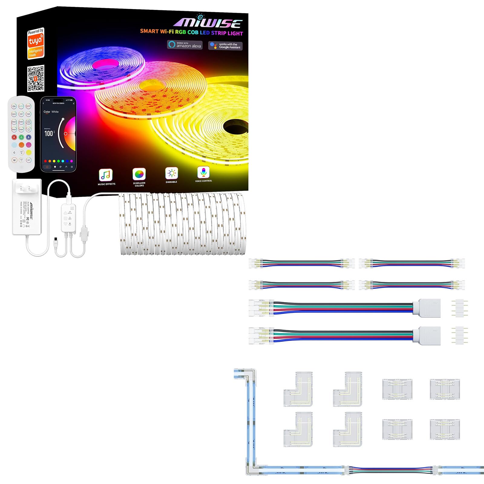 MIWISE RGB COB LED Strip Light 32.8ft/10m,Color Changing Dimmable Super Bright Strip Light 24V,10mm Connectors Kit