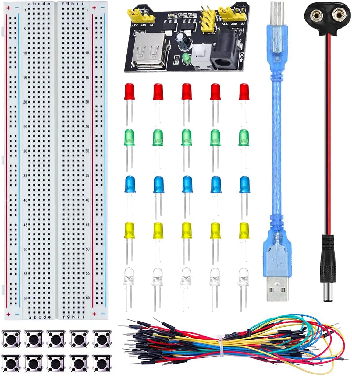 Breadboards Starter Kit for Arduino with 830 Point Breadboard MB102, Jump Wire, Breadboard Power Supply Module, LED Diode, Momentary Tactile Switch