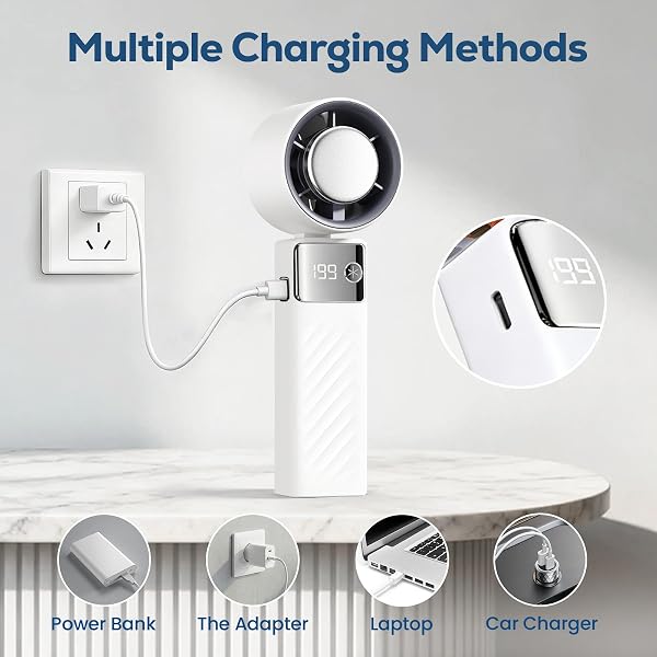 Ventilateur Portable, Mini Ventilateurs Rechargeable 5000mAh, Petit Ventilateurs Usage Main, Bureau, Cou ou Pliable, Refroidissement Fan Jusqu'à 13 Heures pour Bureau, Camping, Sport, Voyage, Cream - 4