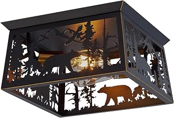 Rustic Bear Flush Mount Ceiling Light Fixture, Farmhouse Vintage Industrial Metal Cage Light Perfect for Kitchen, Dining Room, Foyer Entryway, Cabin, Loft Lighting Bulbs not Included
