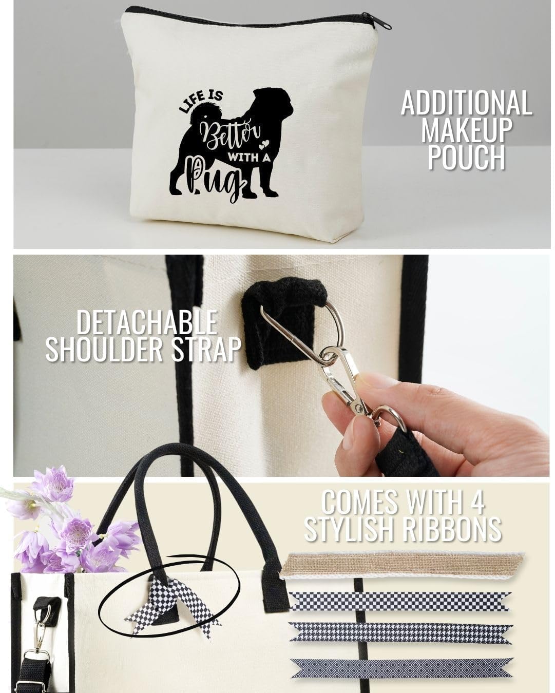 InnoBeta Pug Gifts Canvas Tote Bag for Women, Important Pug Mom Stuff Bag with Top Zipper Closure and Shoulder Strap, Pug Gifts for Pug Lover on Mother's Day, Birthday, Thanksgiving, Christmas