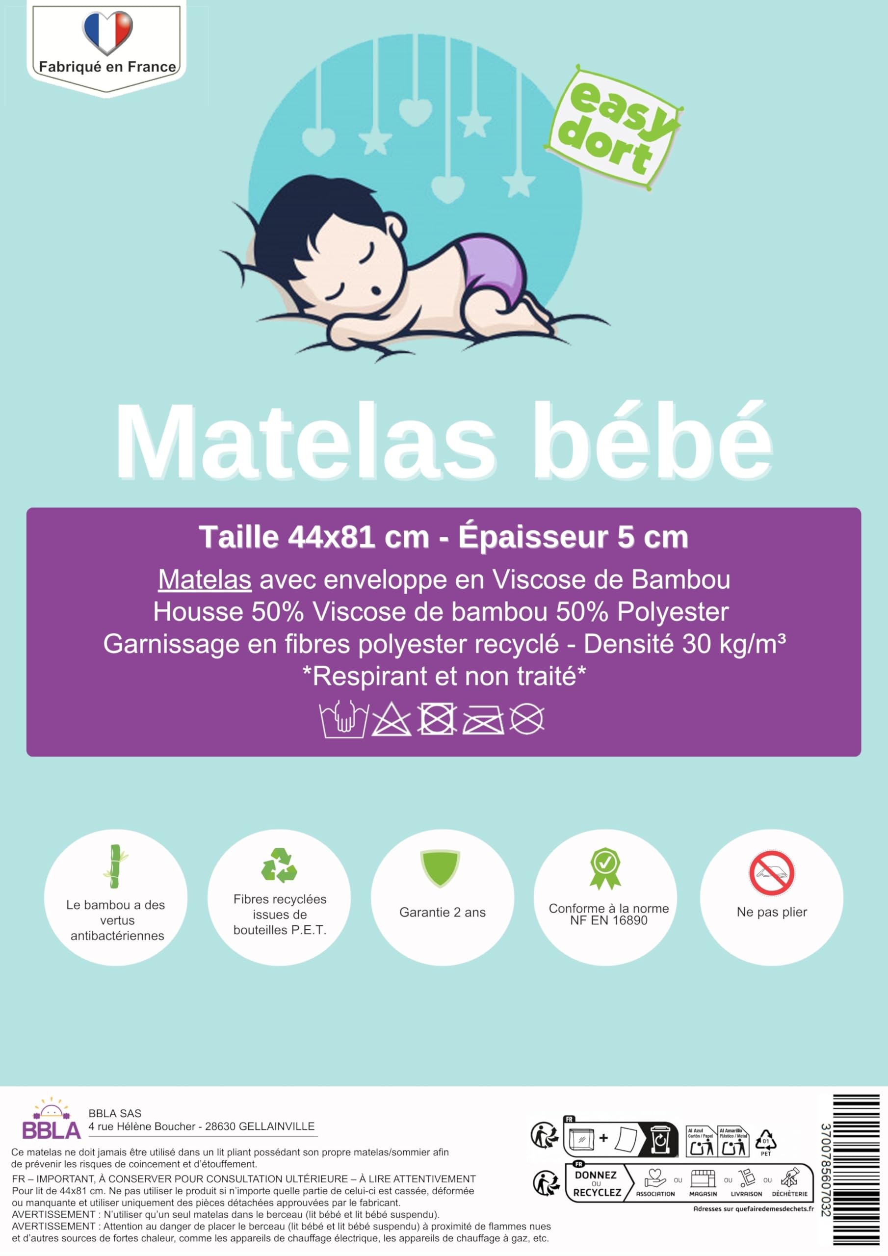 Easy Dort Matelas bébé 44x81 cm | Berceau ou lit bébé | Fabriqué en France | Été & Hiver | Double Face | Très Confortable | Housse en Bambou | Blanc