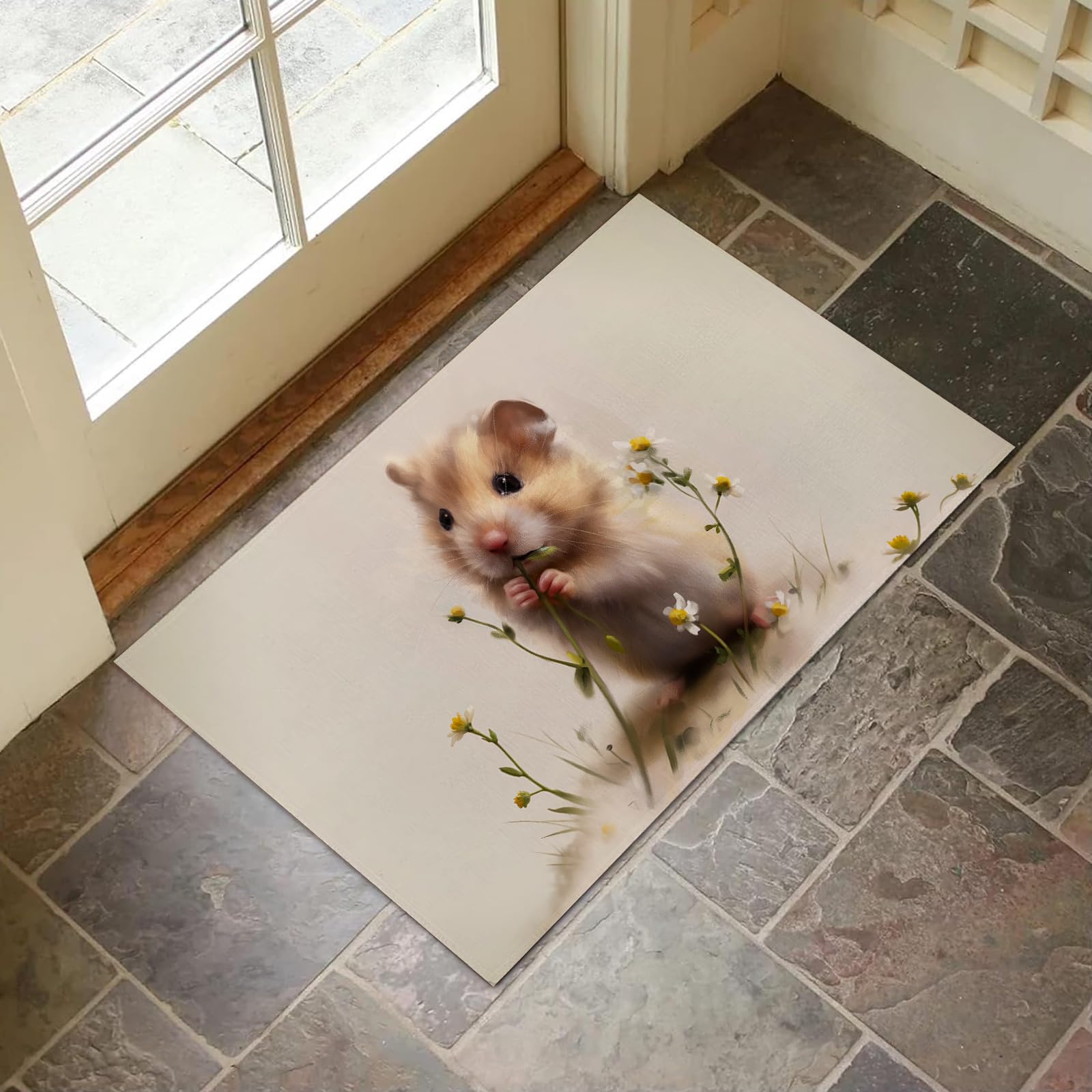 Paillasson hamster et marguerites intérieur 43x75cm antidérapant tapis entrée
