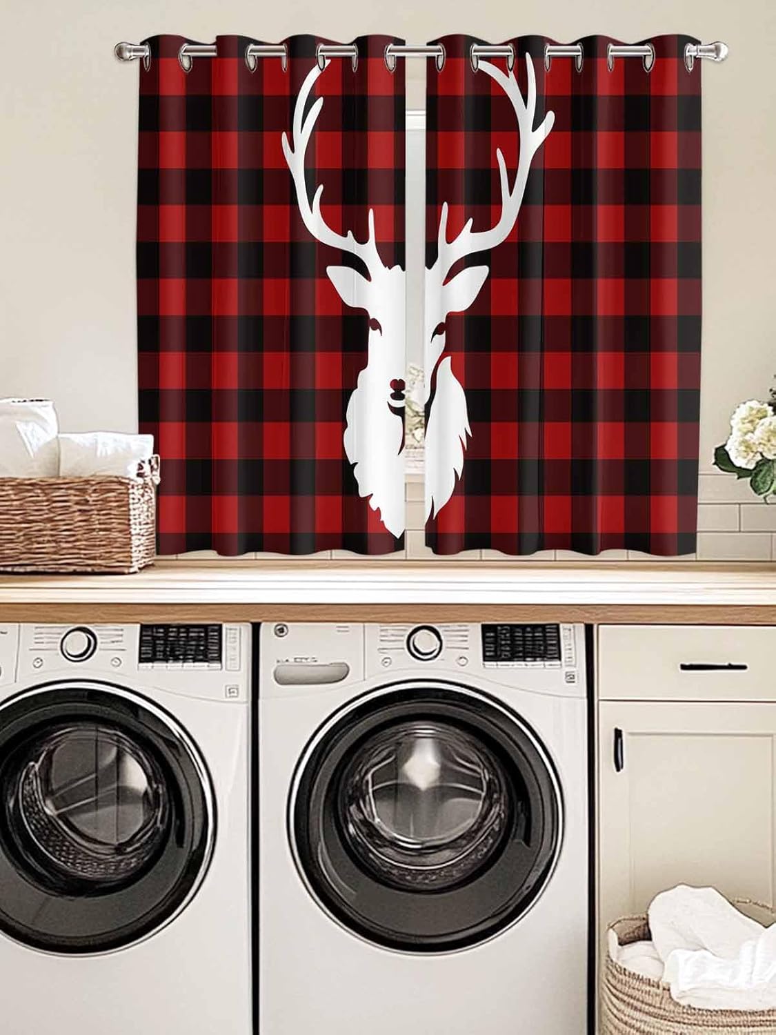 Reindeer Painted on Red Black Buffalo Plaid Kitchen Curtains Window Drapes Treatment Grommet 2 Panel Curtains for Kitchen/Cafe, Sliding Glass Door Curtains Set 104W x 72L inch