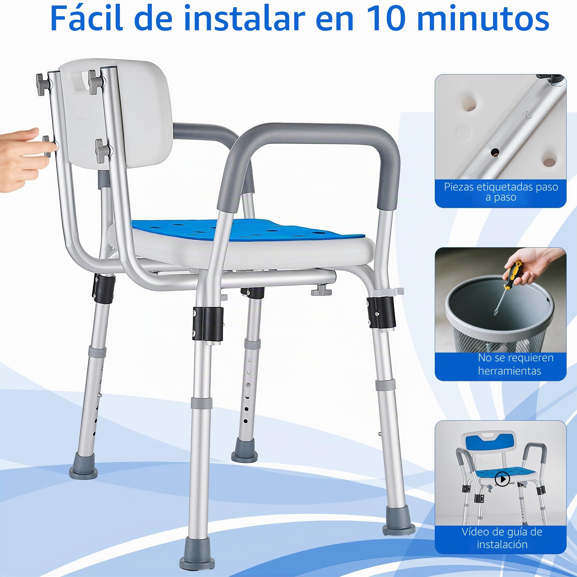 Silla Ducha Personas Mayores con Reposabrazos y Respaldo, Taburetes para Ducha Antideslizante, Asiento de Baño con Altura Regulable en 6 Niveles Ayuda Ancianos y Discapacitados, Azul