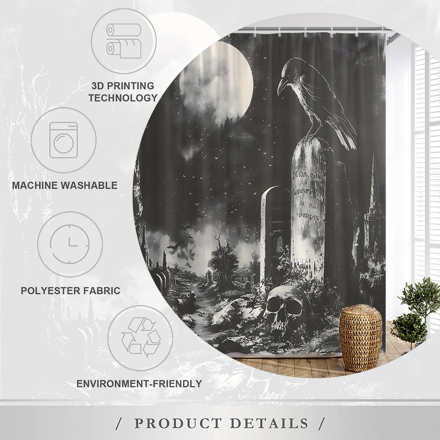 Horror Graveyard Shower Curtain Gothic Raven Skeleton Halloween Night Full Moon Black Gray Fabric Bathroom Decor Set with Hooks 70X80 Inch
