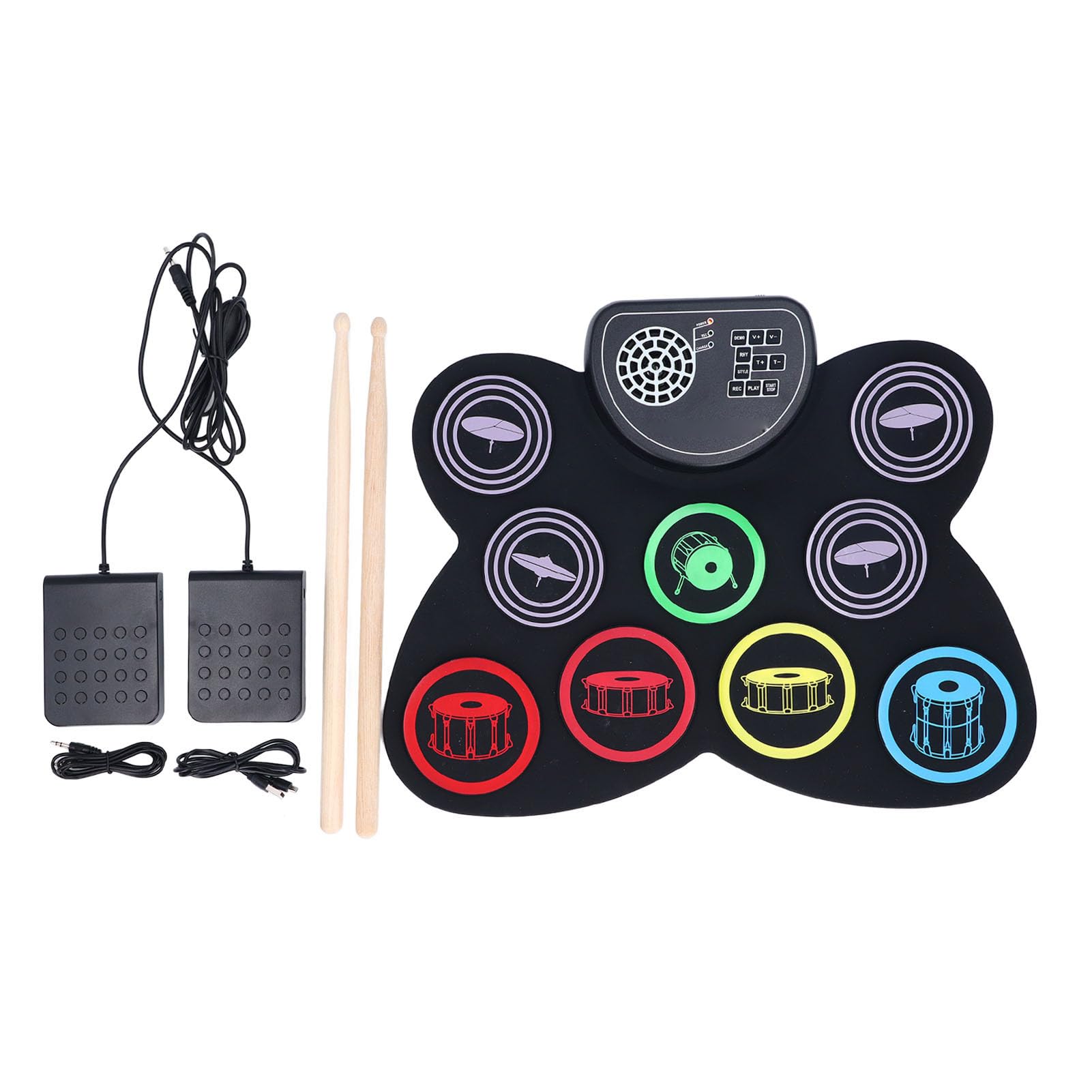 Batería Electrónica Enrollable, 7 Pads con Altavoz Incorporado y Grabación, Kit Portátil Recargable para Auriculares, for Práctica en Casa, Músicos Principiantes, Niños y Regalo Ideal