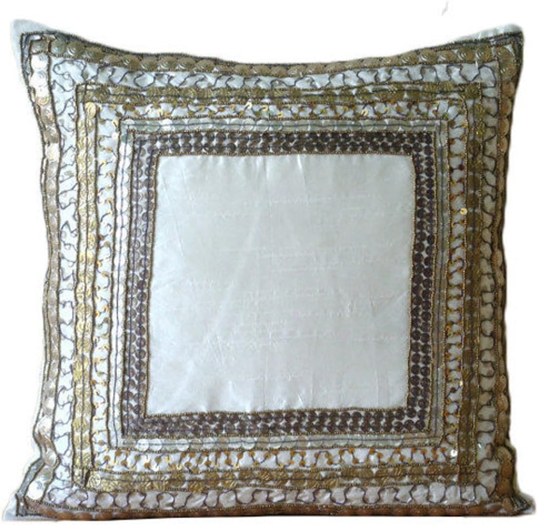 The HomeCentric Cushion Covers, Grey Pillows Cover, Bordered Pillowcases, Throw Pillow Covers 12x12 inch (30x30 cm) Art Silk Square Pillows Cover, 3D Metallic Sequins, Traditional - Treasure Trove