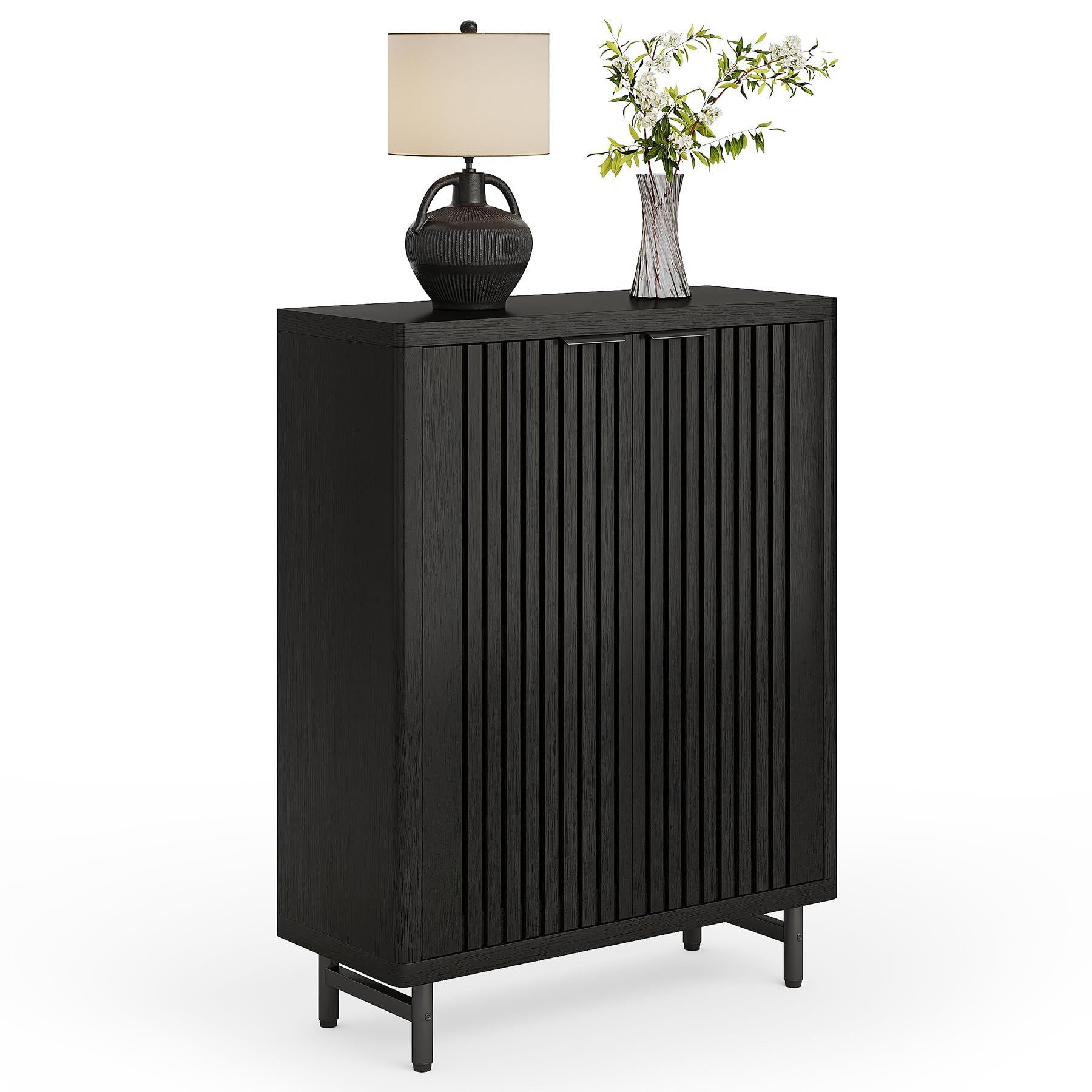 LITTLE TREE 6-Tier Shoe Cabinet with Doors for Up to 24 Pairs, Large Wooden Shoe Storage Cabinet with Adjustable Shelves, Black Freestanding Shoe Organizer Cabinet for Entryway, Hallway