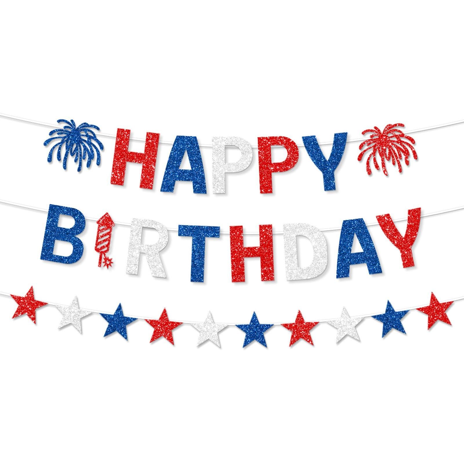 TEEKU Happy Birthday Banner Patriotic Red White Blue Glitter