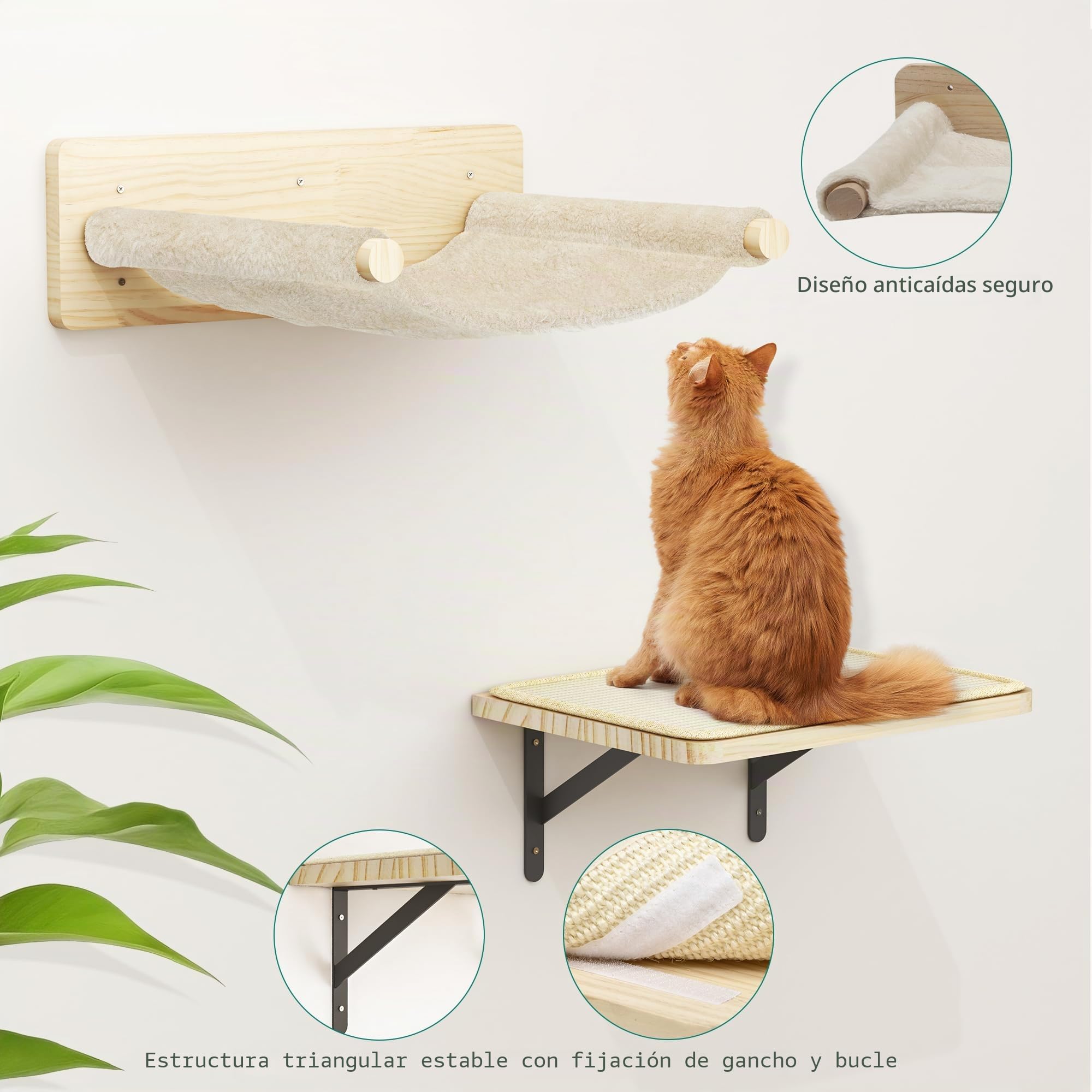 YITAHOME 7PCS Estante de Escalada para Gatos Montado en La Pared con 3 Postes Rascadores/Escaleras de 4 Escalones/Hamaca/Cama para Gatos, Árbol para Gatos Montado en La Pared con 4 Plataformas