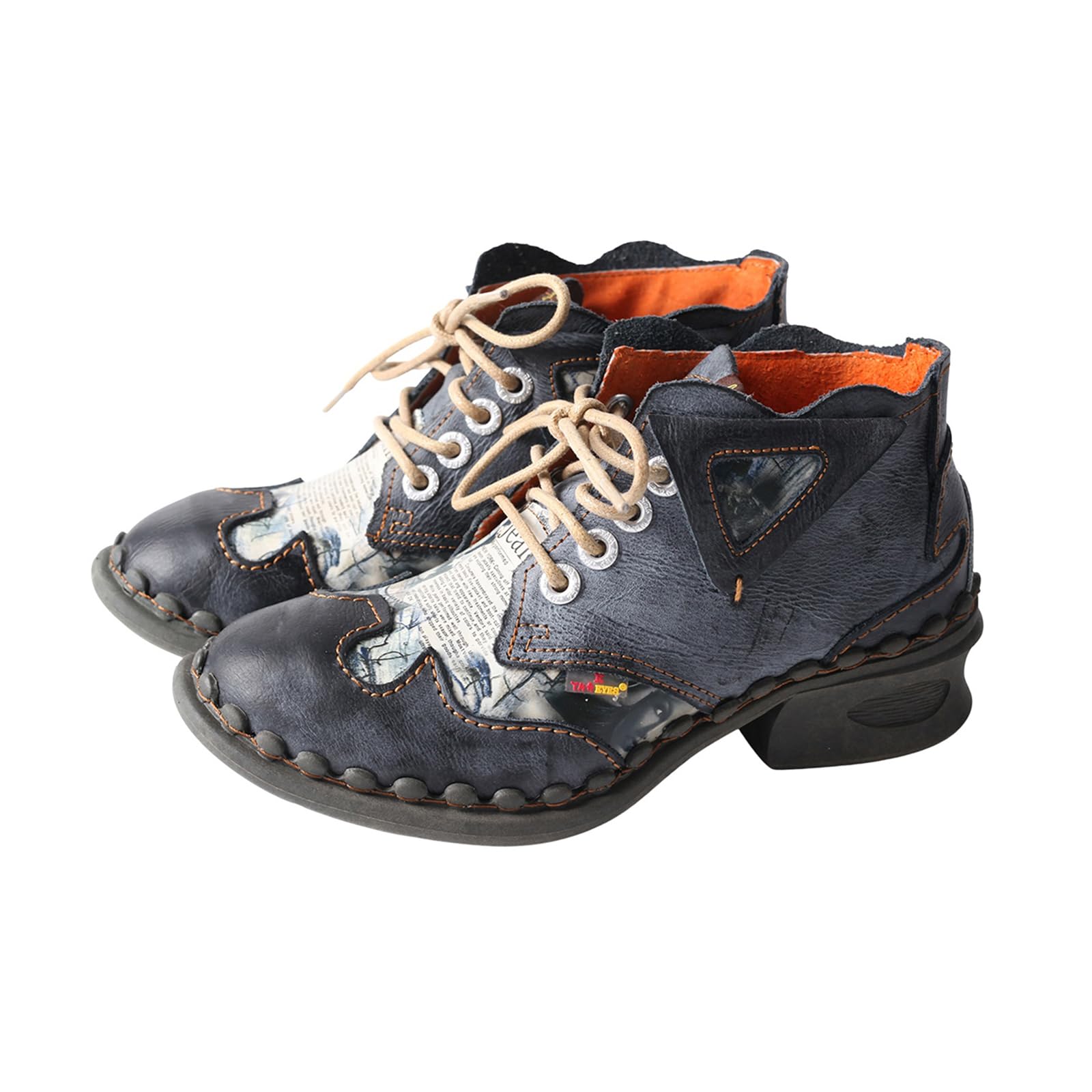 TMA EYES MAiA Womens Leather Ankle Boots with Medium Heel Floral Newspaper-Printed Leather Great for Outdoor Use