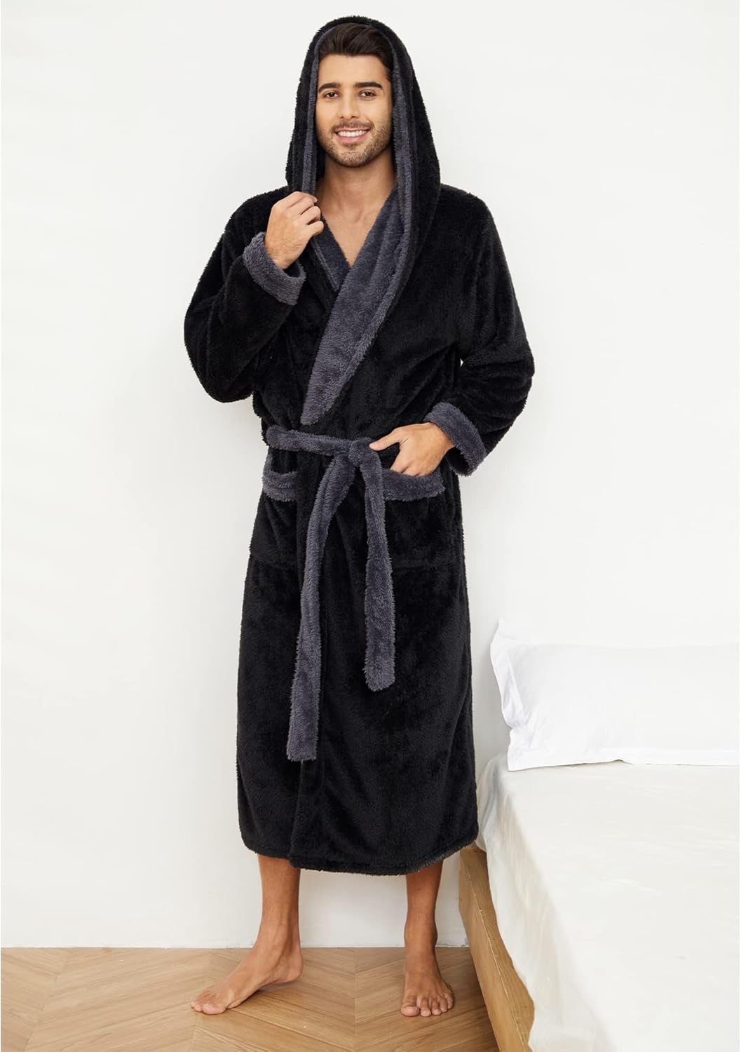 Vulcanodon Mens Robe Big and Tall with Hood, Full Length Plush Robe for Men Long Fleece Bathrobe - Image 5