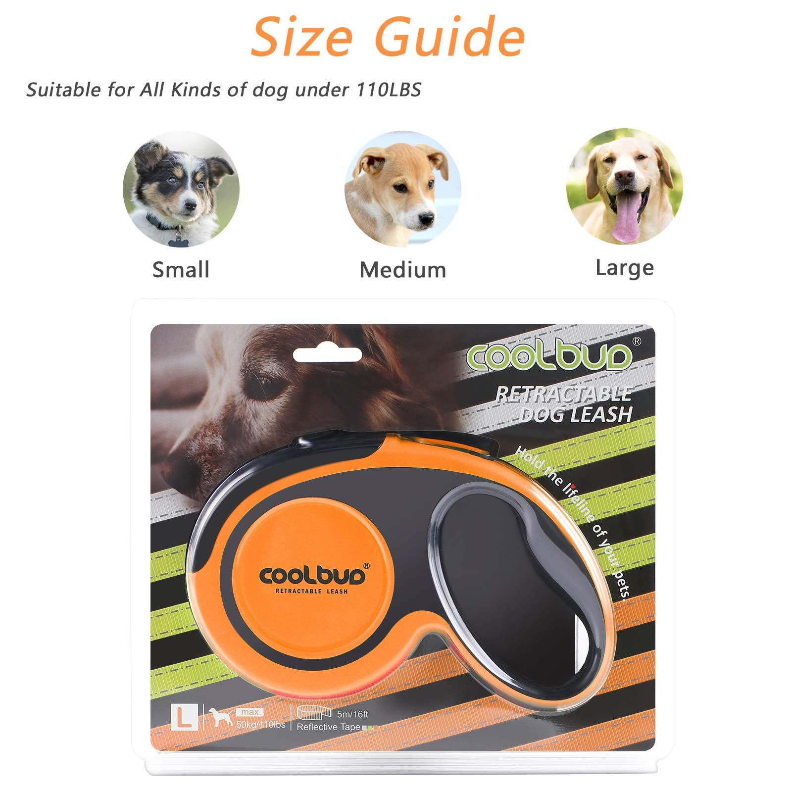Einziehbare Hundeleine, 5 m, ausziehbare Hundeleine, robuste Verlängerungsleine mit rutschfestem Griff und Schnellbremsknopf, für große Hunde bis zu 50 kg, Orange